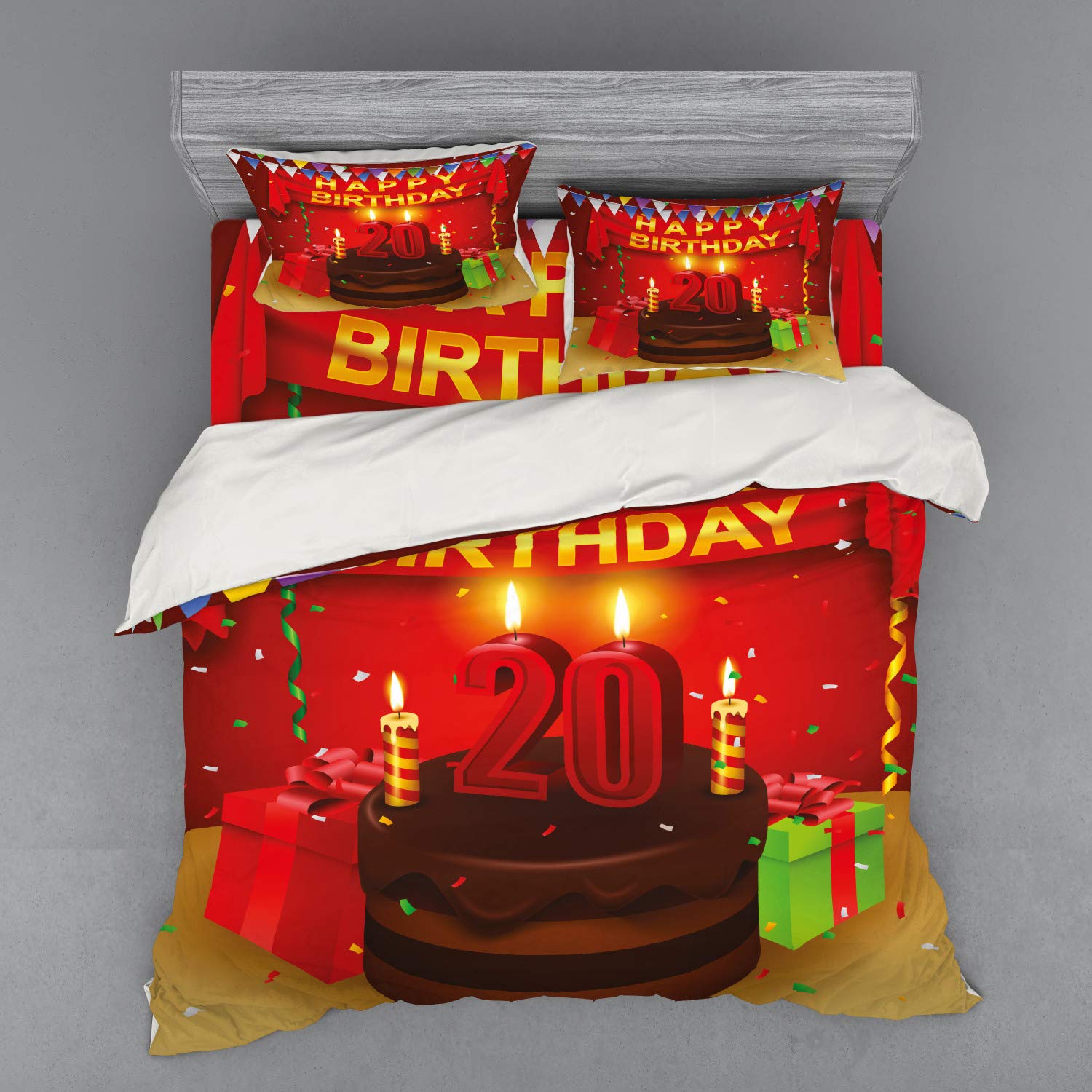 Ambesonne 20th Birthday Bedding Set - 4 Piece King Size Duvet Cover with Shams & Fitted Sheet - Happy Birthday Party Decor with Curtains, Boxes & Flags on Red Backdrop - Perfect for Birthday Celebrations, Room Makeovers & Gift Giving