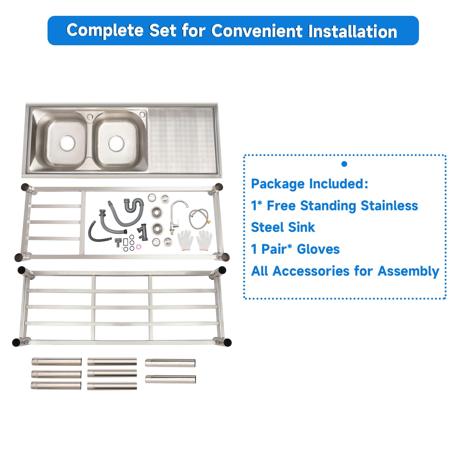 Commercial Stainless Steel Kitchen Sink Set with Double Bowls - Spacious Restaurant-Grade Sink Kit for Professional Kitchens, Food Trucks & Outdoor Cooking Areas