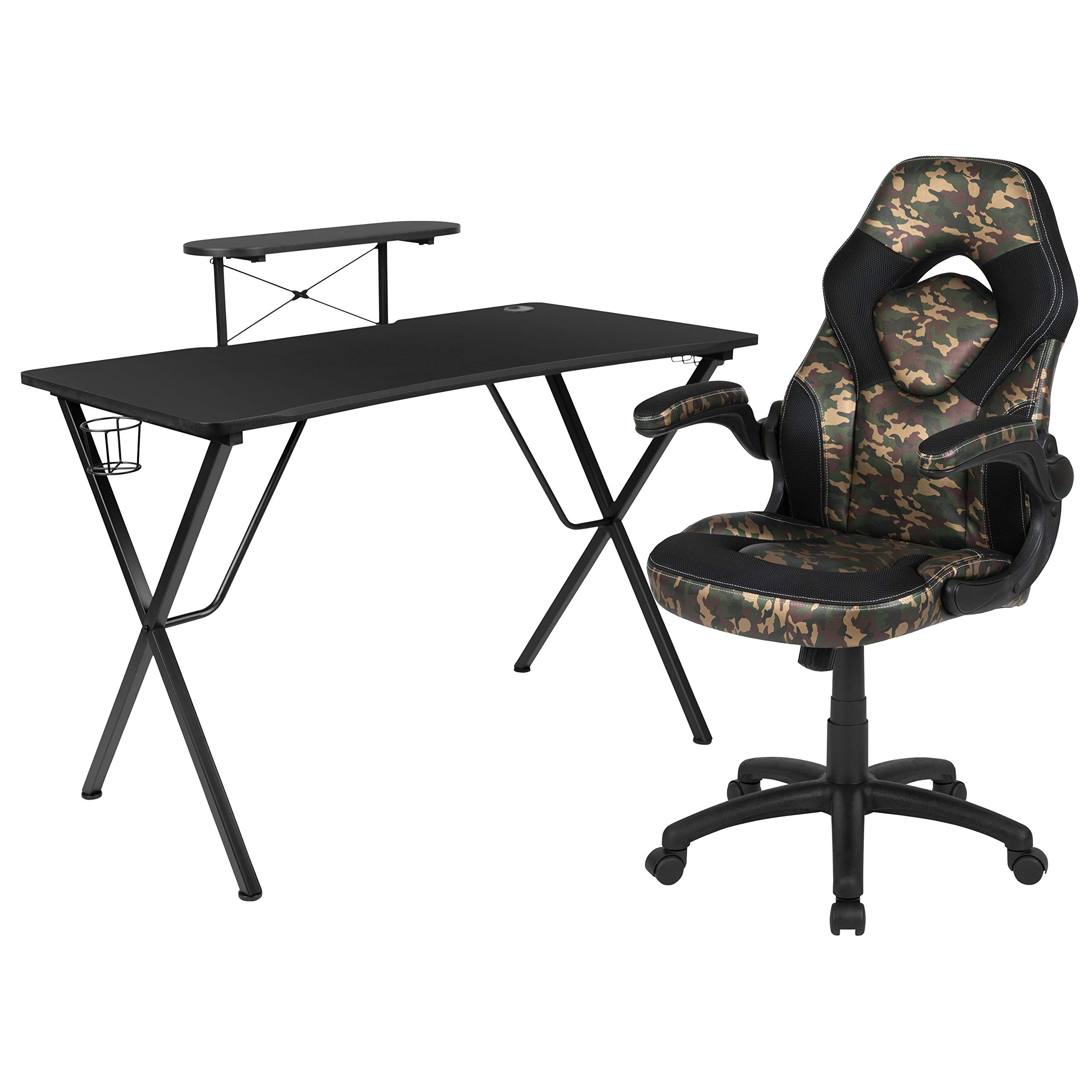 Black/Camo Gaming Desk Set with Cup Holder, Headphone Hook & Monitor Stand - Perfect for PC & Console Gamers, Streamers & Home Office Setup