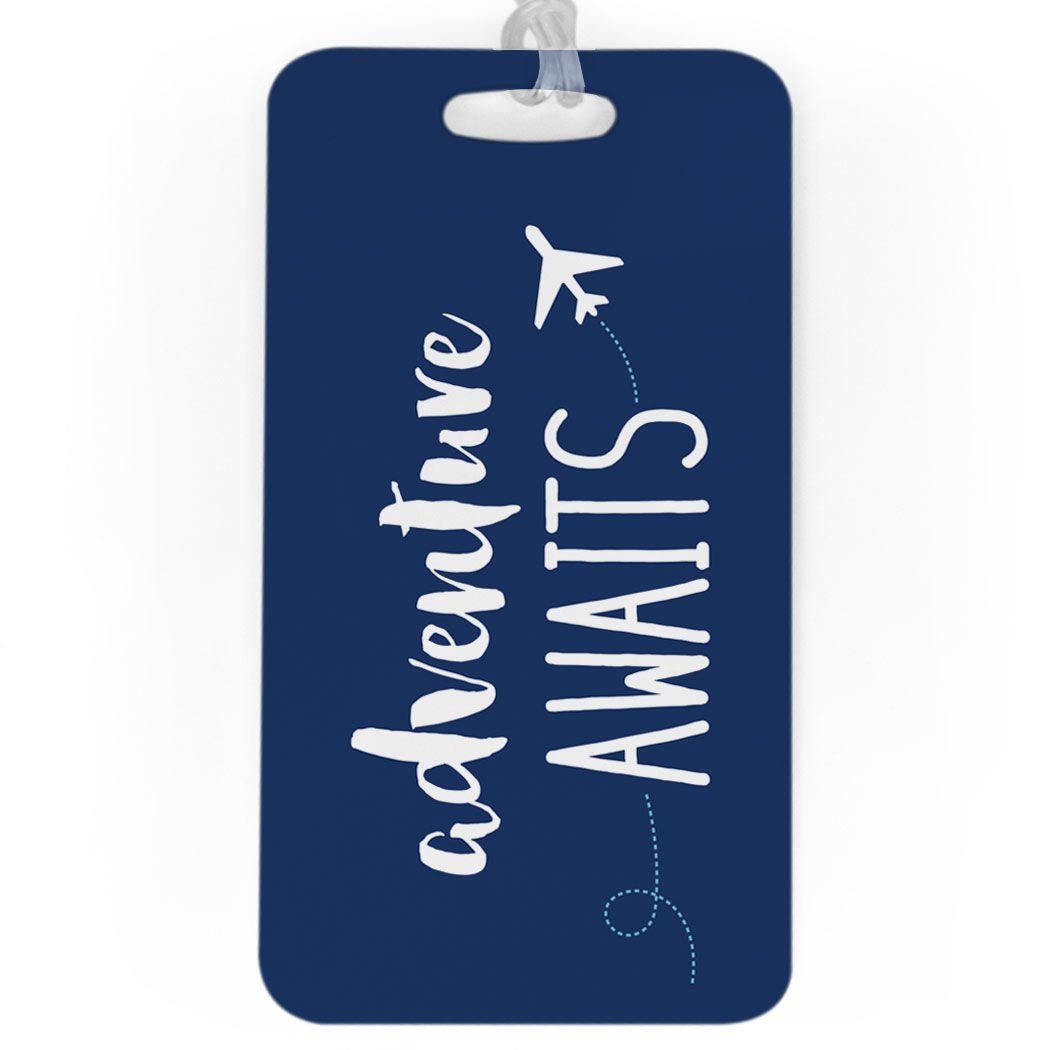 Custom Personalized Adventure Awaits Luggage Tag - Large Navy Blue Travel Bag Tag with ID Info Space | Perfect for Suitcases, Backpacks & Carry-Ons During Air Travel & Vacations