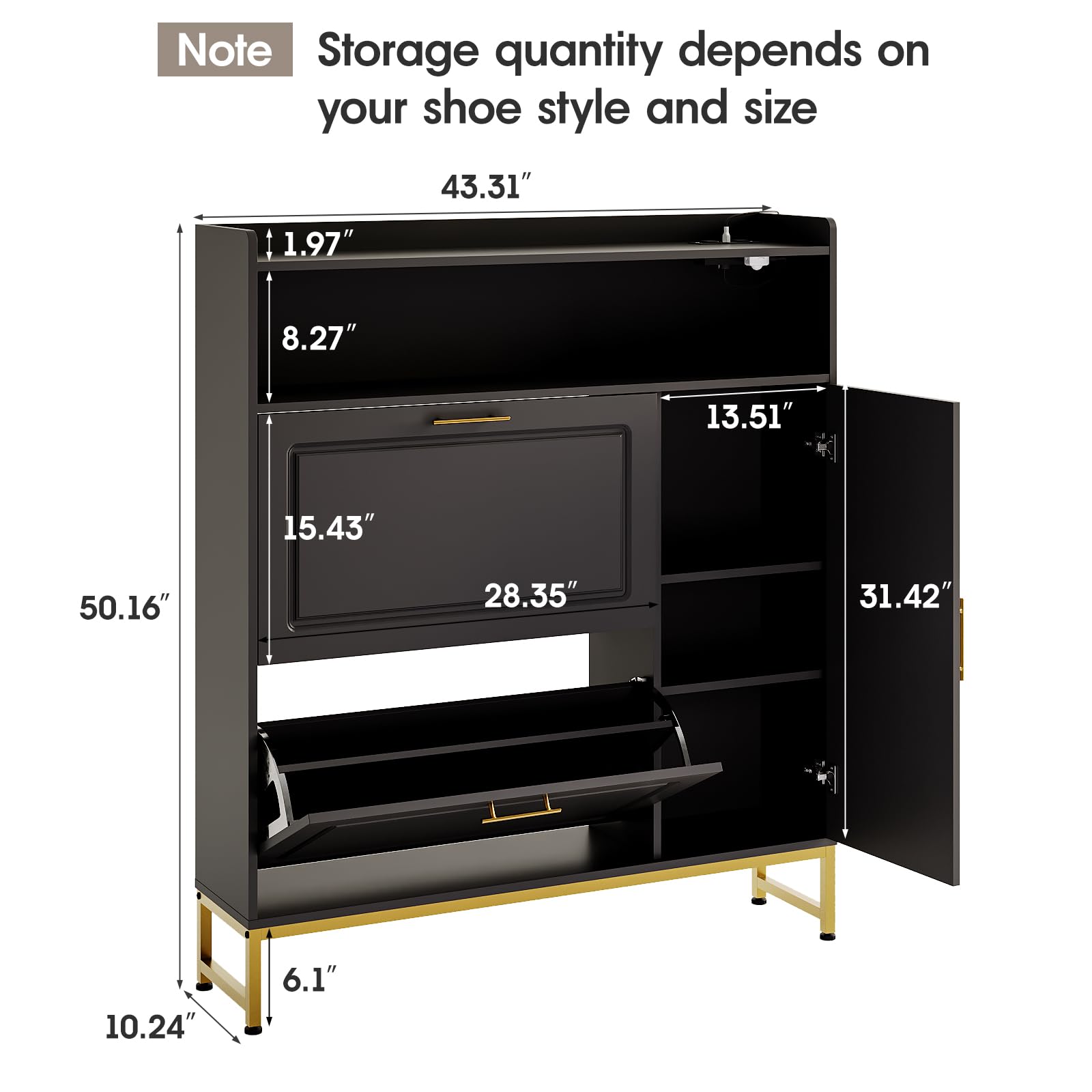 Freestanding Shoe Storage Organizer with 2 Flip Drawers, Side Cabinet, LED Light & USB Charging Station - Adjustable Shelf, Metal Legs - Perfect for Entryway, Hallway, Living Room & Small Spaces - Black