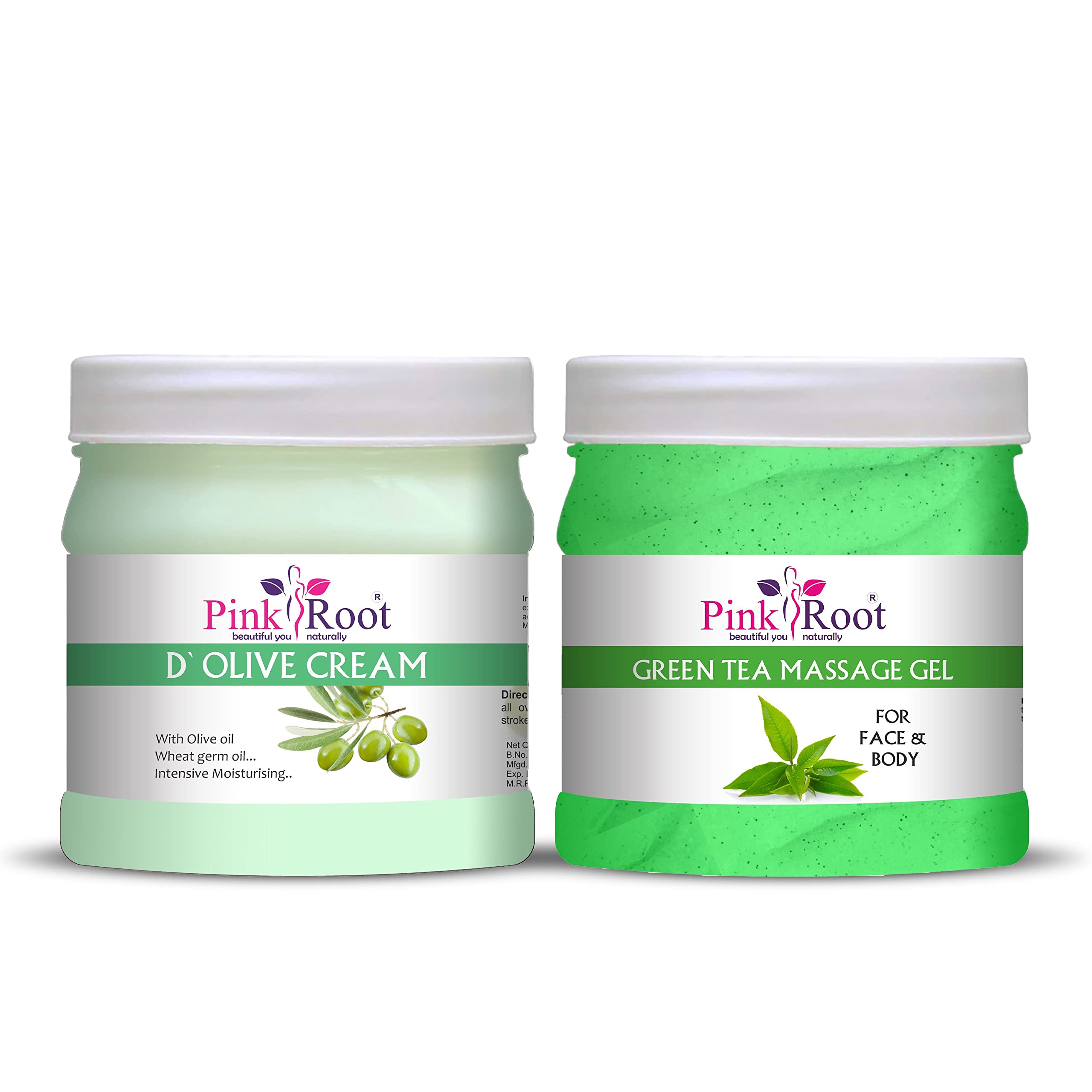 Pink Root Green Tea Massage Gel & D Olive Cream Set - 500ml Each | Soothing Herbal Therapy for Muscle Relaxation, Skin Hydration & Spa Treatments