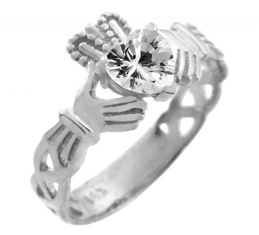 10K White Gold Claddagh Trinity Band Ring with White Clear CZ Heart - Irish Wedding, Engagement & Promise Ring for Women