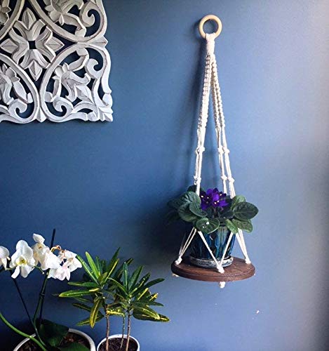 Handmade Macrame Plant Hanger Shelf - Boho Wooden Hanging Table for Indoor Plants - Wall Decor for Living Room, Bedroom & Balcony - Perfect for Small Space Decor & Boho Home Style