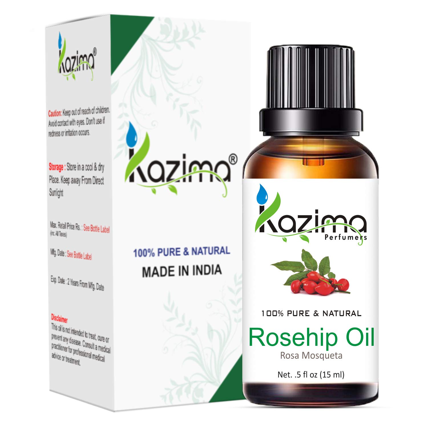 KAZIMA Jojoba Oil and Rosehip Oil Combo - 100% Pure Undiluted Face & Hair Oil for Acne, Wrinkles, Moisturizing & Growth (15ml Each) - Perfect for Daily Skincare Routine & Natural Hair Care