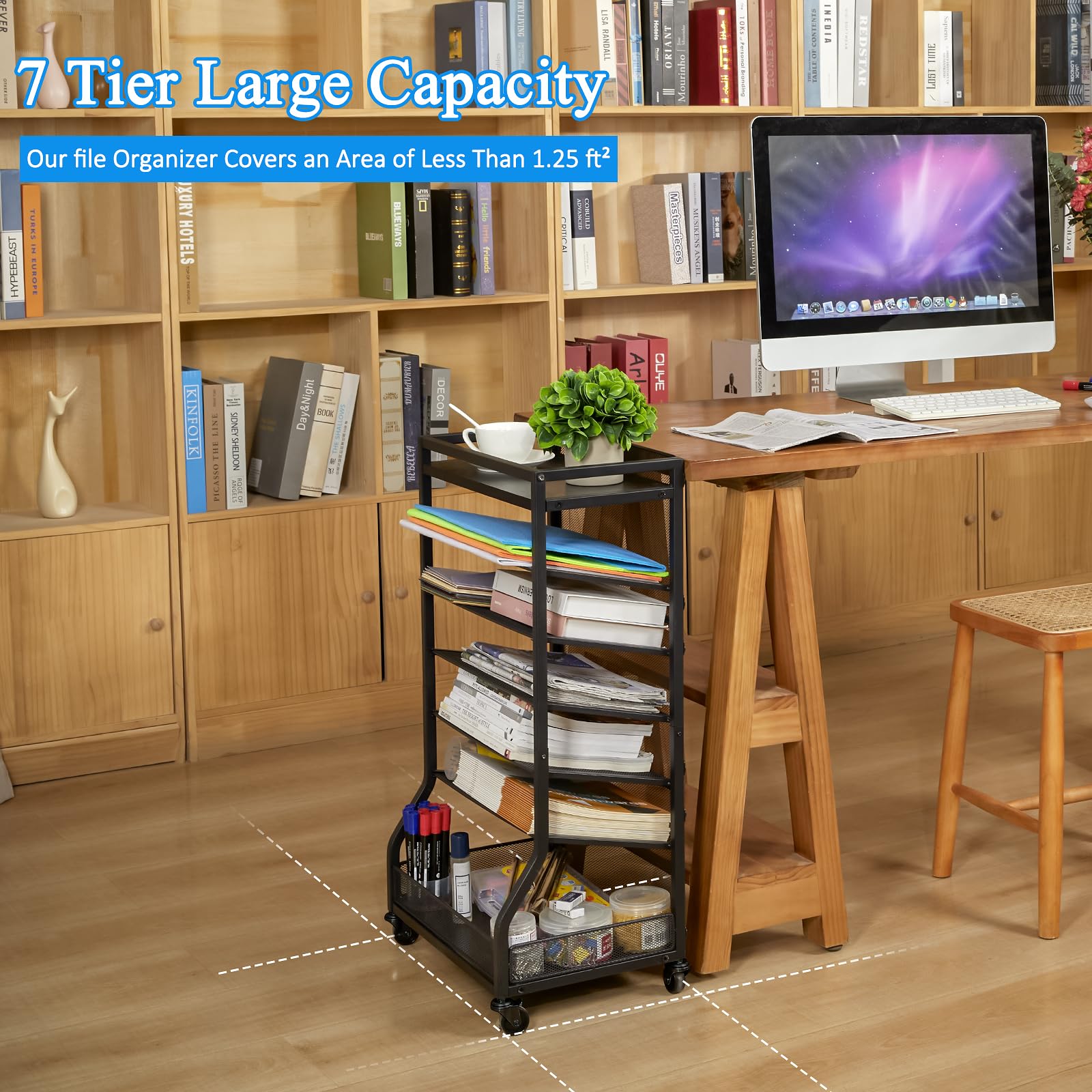 7-Tier Rolling File Cart with Sliding Trays - Wood & Metal File Organizer for Desk, Free-Standing File Holder & Paper Letter Tray - Mesh Desk Organizer for Home, Office & School (Patented) - Perfect for Document Storage, Office Organization & Workspace Efficiency