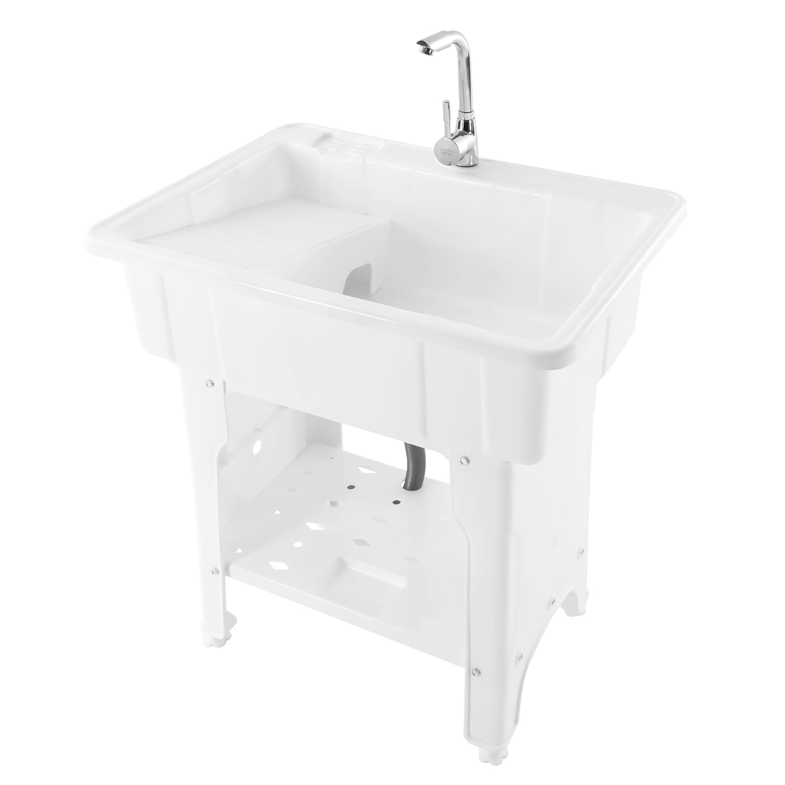 Freestanding Plastic Laundry Sink with Washboard - 25.59x21.65x31.5 Inch Utility Sink with Hot/Cold Faucet, Hoses & Drain Kit - Perfect for Garage, Basement, Garden & Outdoor Cleaning Tasks