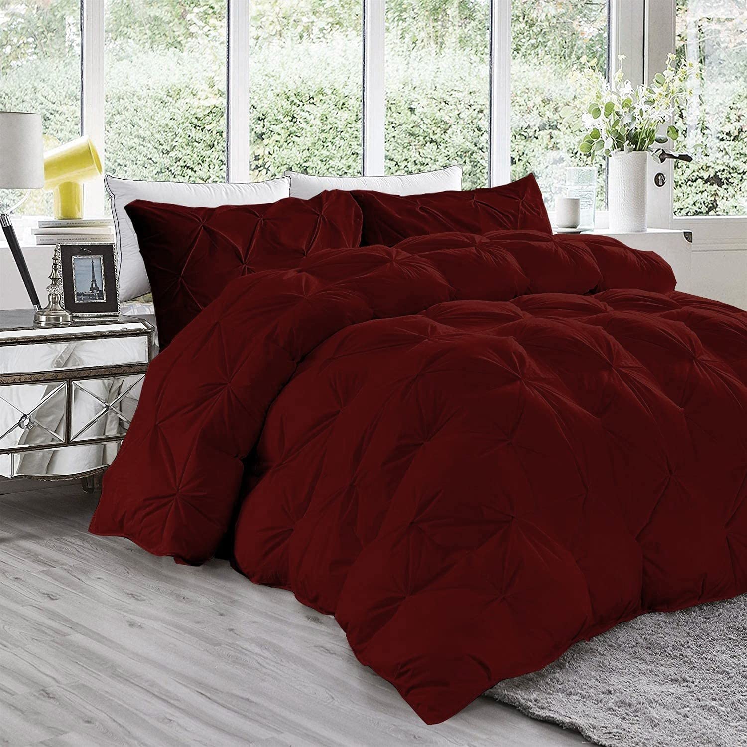 Premium 600 GSM All-Season 3-Piece Quilted Pinch Pleated Comforter Set with 2 Pillow Shams | 100% Egyptian Cotton Duvet Insert | Oversized Queen in Wine Red | Perfect for Master Bedroom, Guest Room & Luxury Hotel Decor