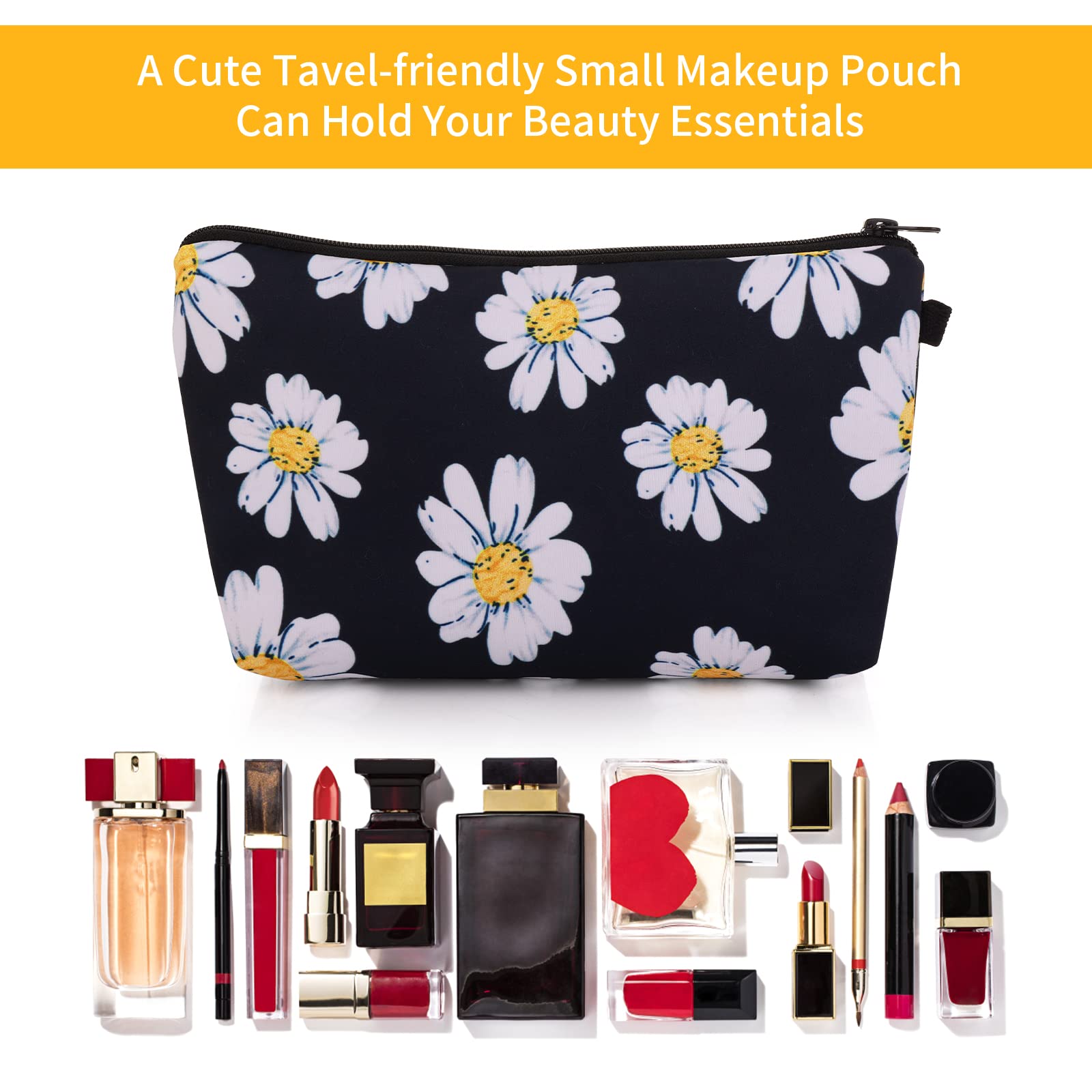 Sibba Canvas Cosmetic Bag - Small Travel Makeup Pouch Organizer for Women | Waterproof Toiletry Storage Case | Perfect for Beauty Essentials, Travel Accessories & Daily Use (Black Sunflower Design)