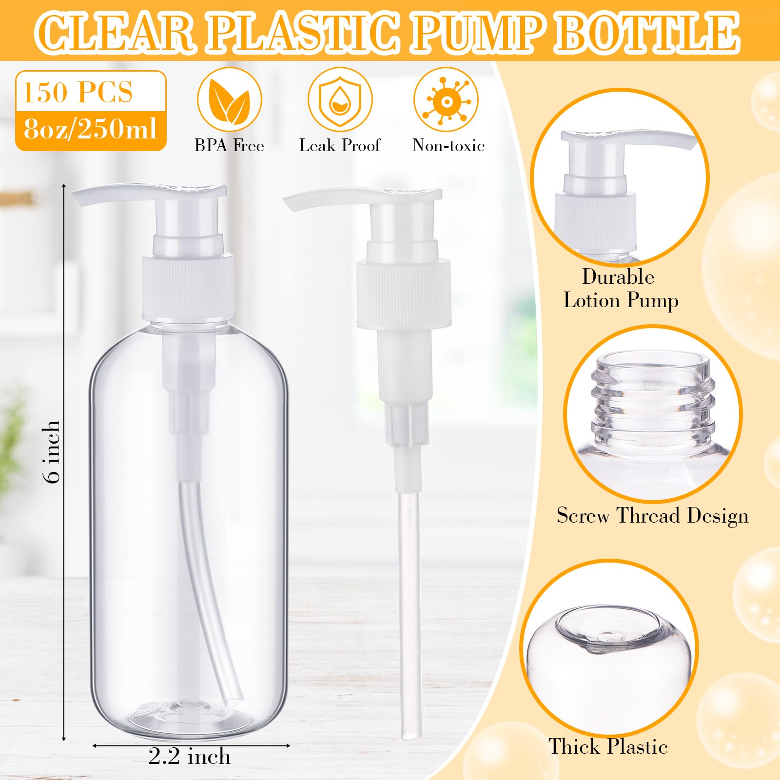 150 Pack 8 oz Clear Plastic Pump Bottles - Leakproof Refillable Dispenser for Shampoo, Conditioner, Body Wash & Liquid Soap (Black/White) - Perfect for Salon, Spa, Home & Travel Use