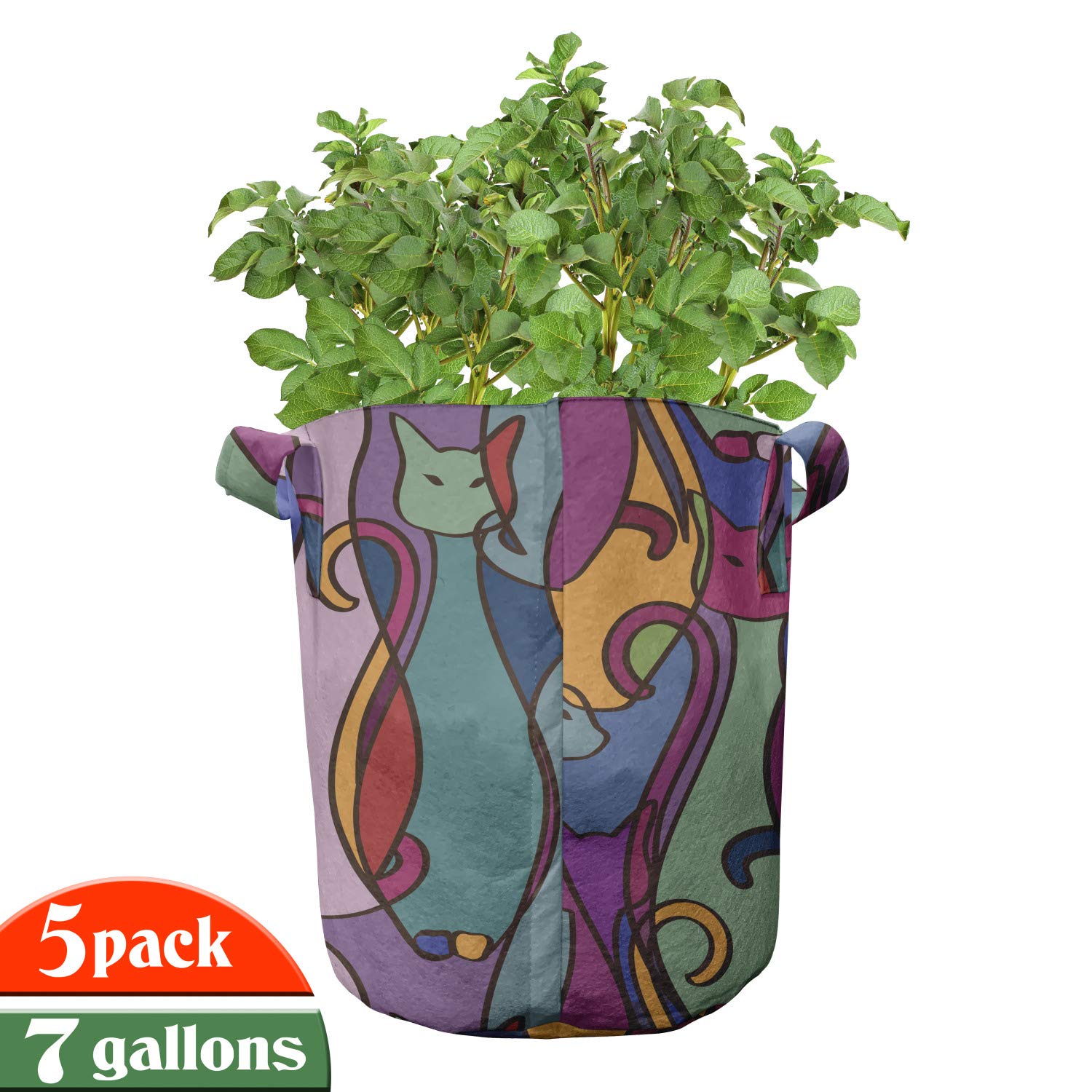 Ambesonne 5-Pack Cat Themed Geometric African Print Heavy Duty Fabric Grow Bags with Handles - 7 Gallon Plant Pots for Indoor/Outdoor Gardening - Perfect for Flowers, Vegetables, and Herbs