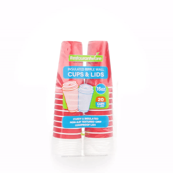 16 oz Red Ripple Wall Paper Coffee Cups with White Lids - 3.5