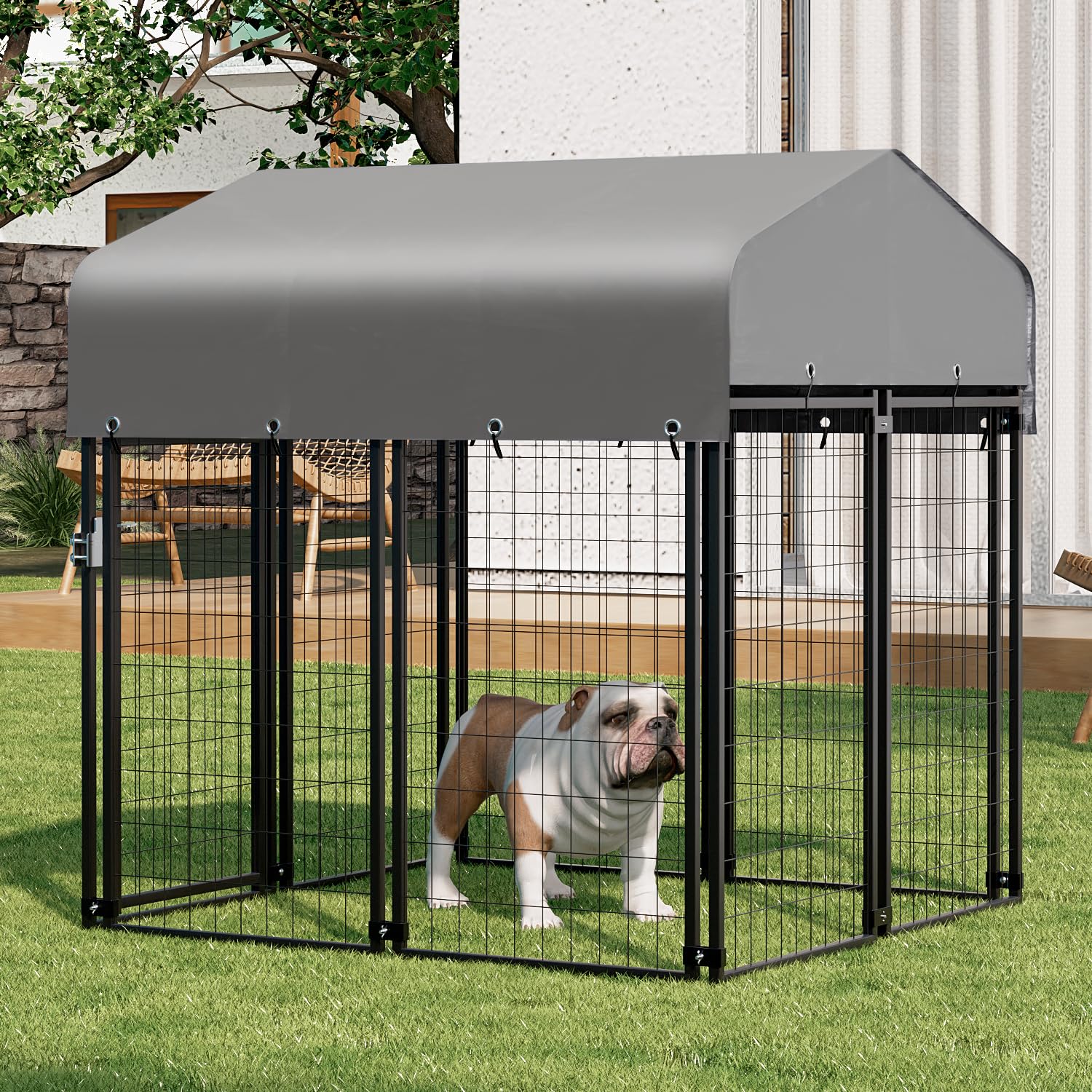 Magshion 4x4 ft Lockable Outdoor Dog Kennel & Playpen - Waterproof Cover for Small/Medium Dogs, Rabbits - Durable Wire Pet Enclosure for Backyard, Travel & Home Use (4 x 4-1/4 x 4-2/3 ft)