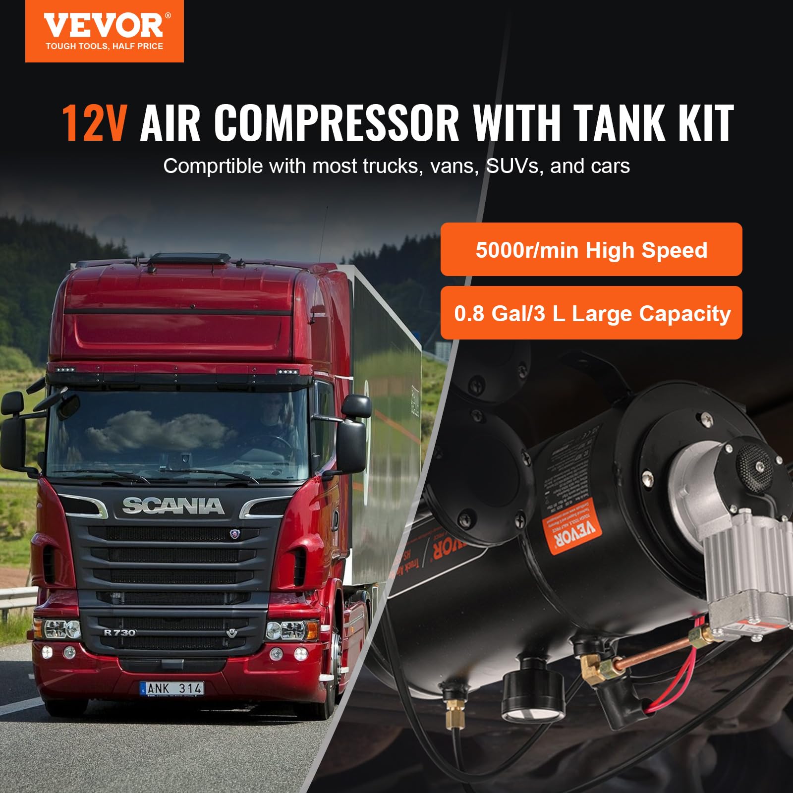 VEVOR 12V Air Compressor with 0.8 Gallon/3L Tank, 120 PSI Onboard Air System for Train Horns, Tires, Air Mattresses - Perfect for Trucks, RVs, and Off-Road Vehicles