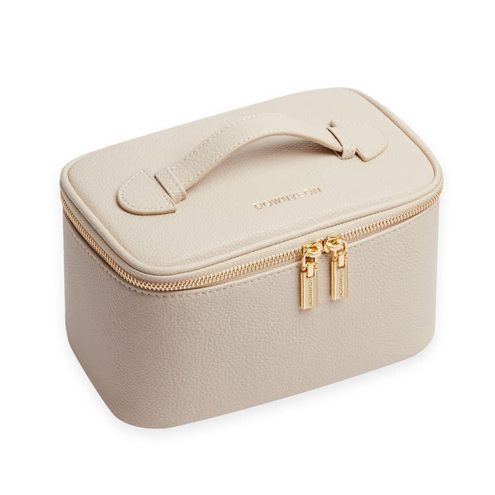 ROWNYEON Premium Travel Makeup Bag for Women - Waterproof Cosmetic Organizer with Portable Train Case Design, Perfect for Toiletries & Beauty Essentials | Ideal for Vacation, Gym, and Daily Use (Beige)