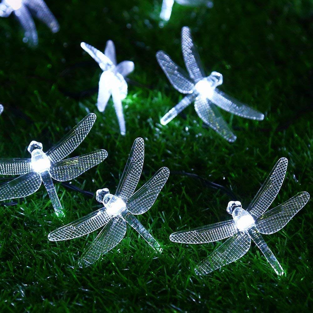 Solar Dragonfly String Lights - 20 LED Waterproof Fairy Lights for Indoor & Outdoor Use, 4.8M/15.7ft Decorative Lighting for Garden, Patio, Trees, Weddings, Parties (White) - Perfect for Romantic Ambiance & Holiday Decorations