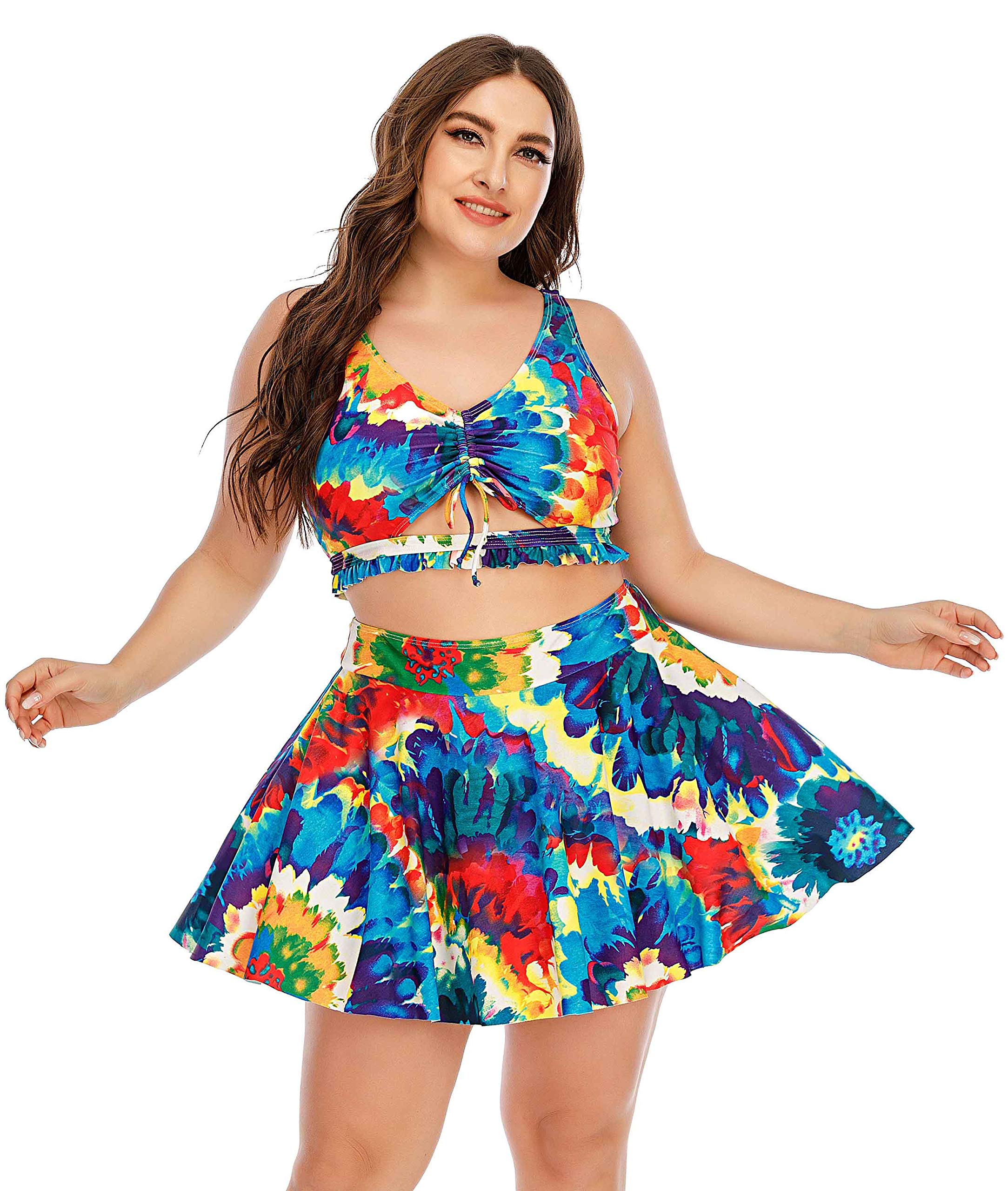 Wellwits Women's Plus Size Tie Dye Print 2 Piece Skirt Bikini Swimsuit Set - High Waisted Swim Dress for Beach Vacation & Pool Party