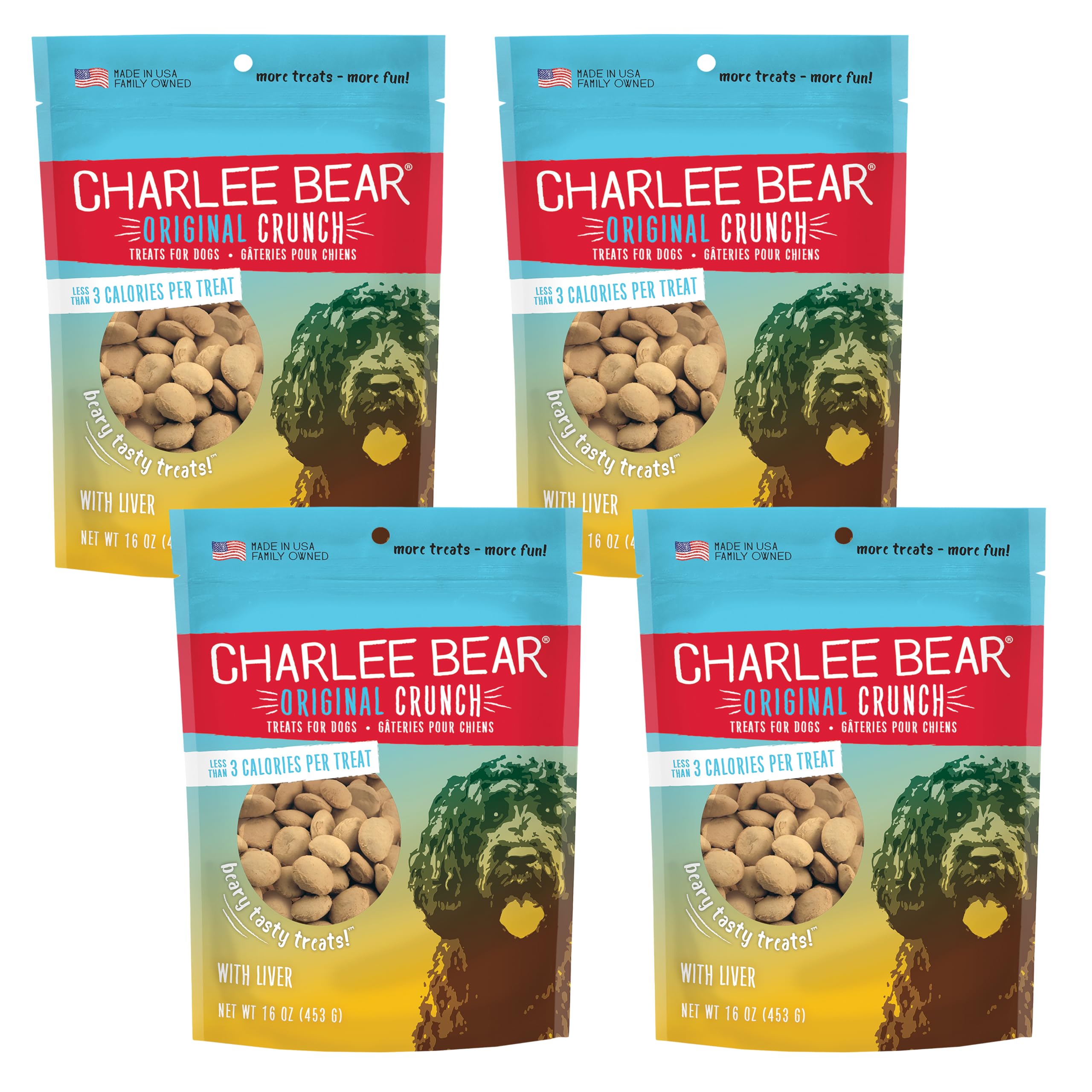 Charlee Bear Original Crunch with Liver Dog Treats 16oz (4-Pack) - All Natural Made in USA Grain Free Training Snacks for Small Medium Large Dogs - Perfect for Obedience Training & Reward Treats