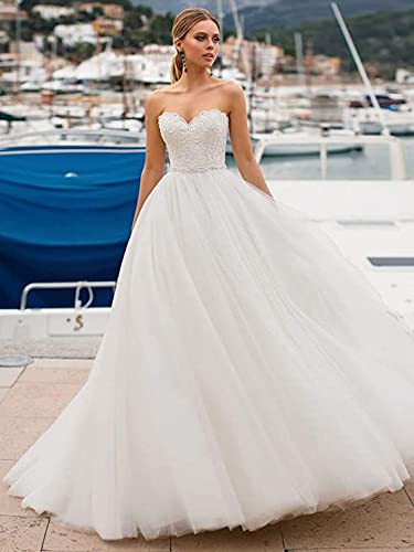 Elegant A-Line Lace Train Wedding Dress for Bride - Off Shoulder Strapless Tulle Gown with Applique Details | Perfect for Church Ceremony, Beach Wedding, and Formal Reception