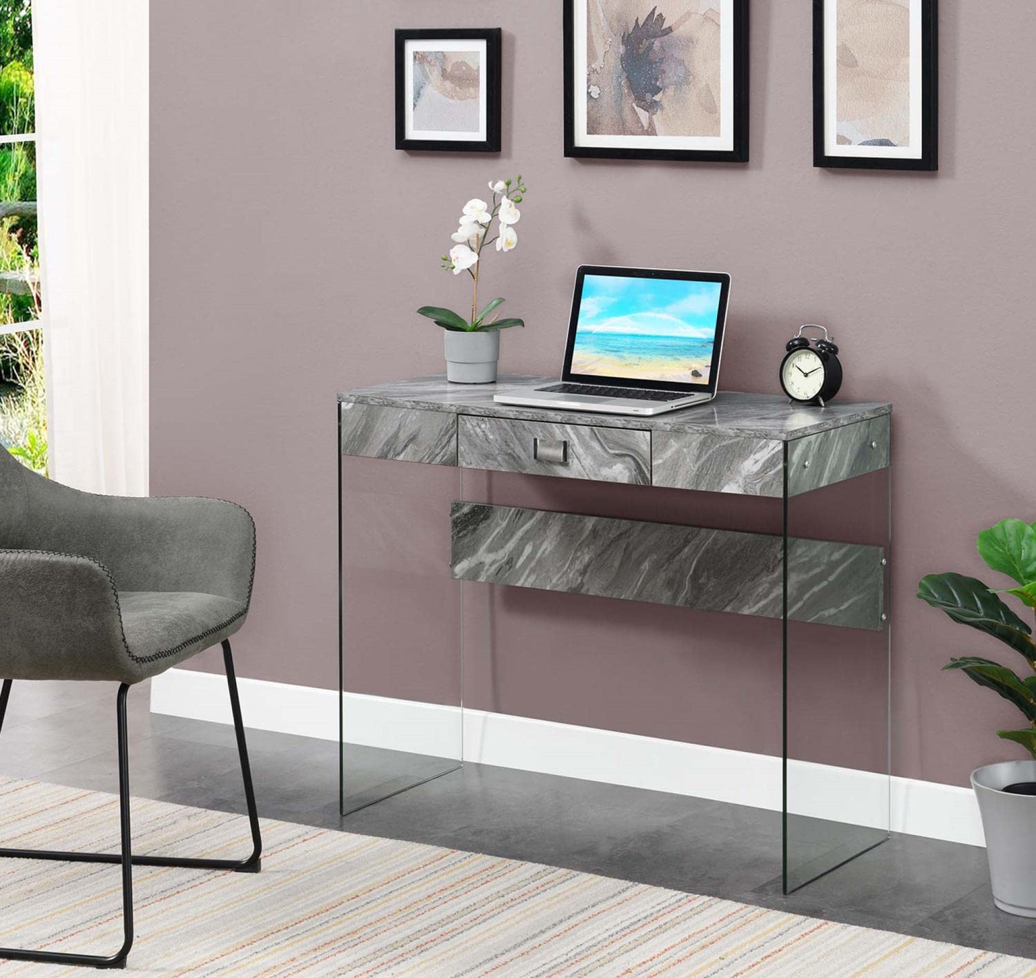 Convenience Concepts SoHo 36-inch Glass Desk with 1 Drawer - Gray Faux Marble & Glass Top - Perfect for Home Office, Study Room & Modern Workspace