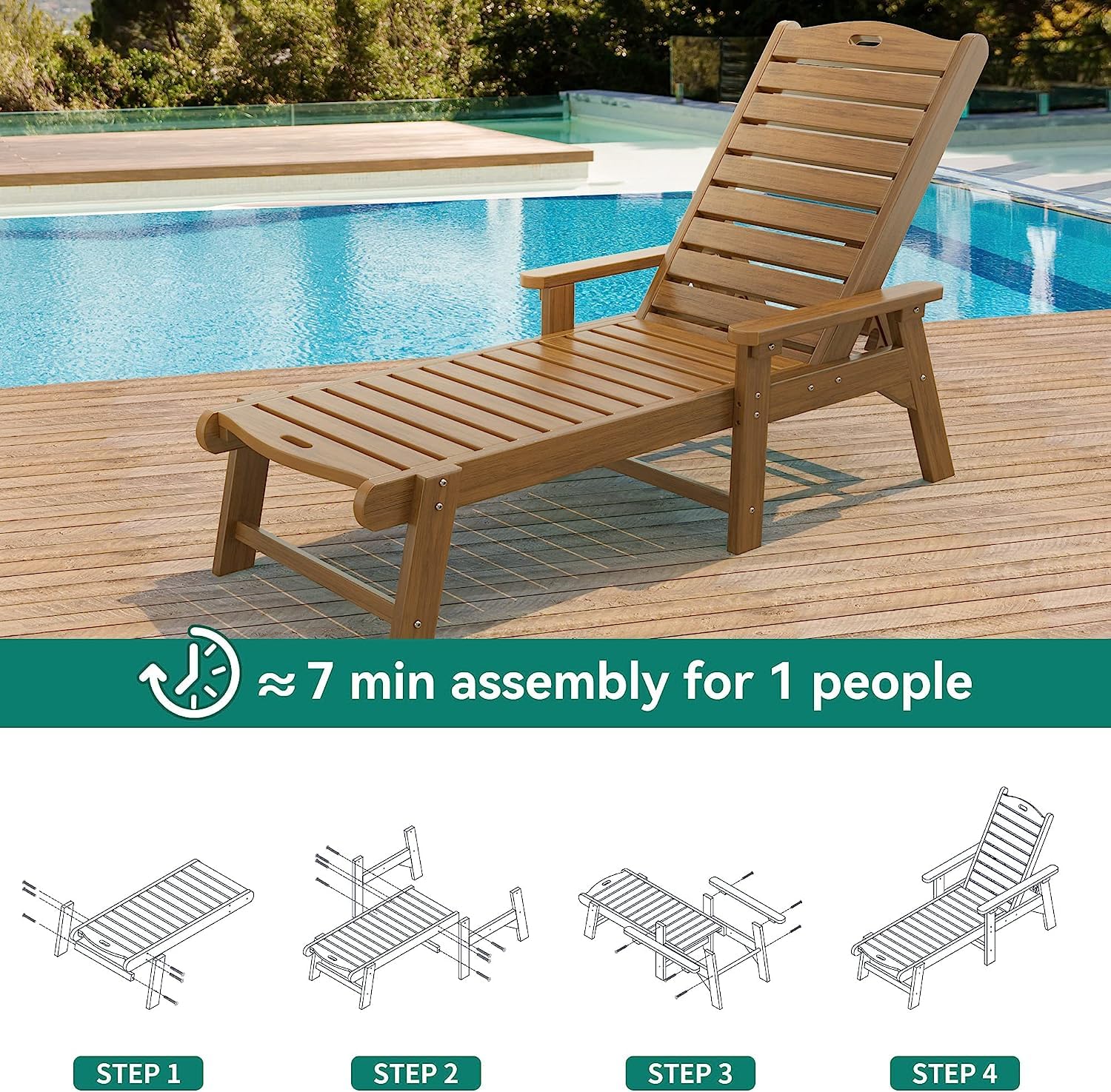 YITAHOME 2-Pack Outdoor Chaise Lounge Chairs with Adjustable Backrest - Heavy Duty Resin Patio Loungers with Wide Armrests (350lbs Capacity) - Waterproof Teak Design for Poolside, Beach, Backyard & Garden Relaxation