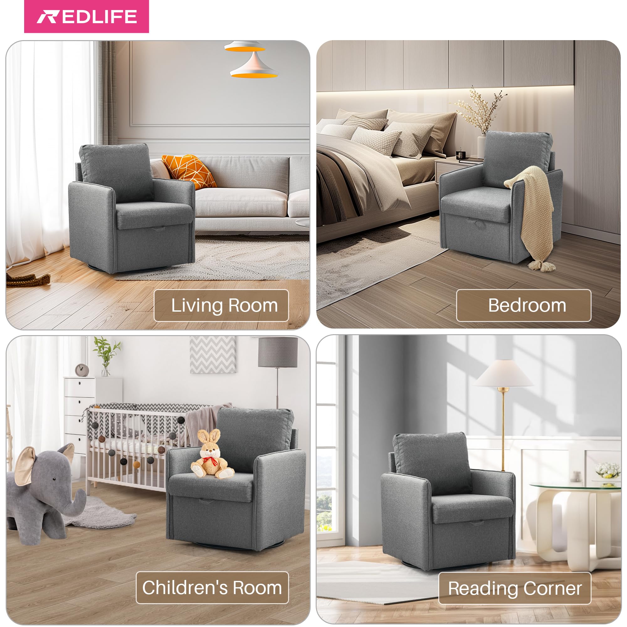 Redlife 360° Swivel Accent Chair Set of 2 with Storage - Mid Century Modern Upholstered Fabric Lounge Chairs for Living Room, Bedroom, Office (Gray) - Perfect for Small Spaces, Reading Nooks & Home Decor