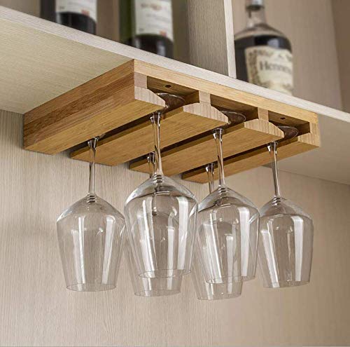 Kework Bamboo Wine Glass Holder - Under Cabinet Mounted Rack for 6 Glasses | Stemware Storage & Drying Organizer | Perfect for Kitchen, Bar & Dining Room Wine Glass Display