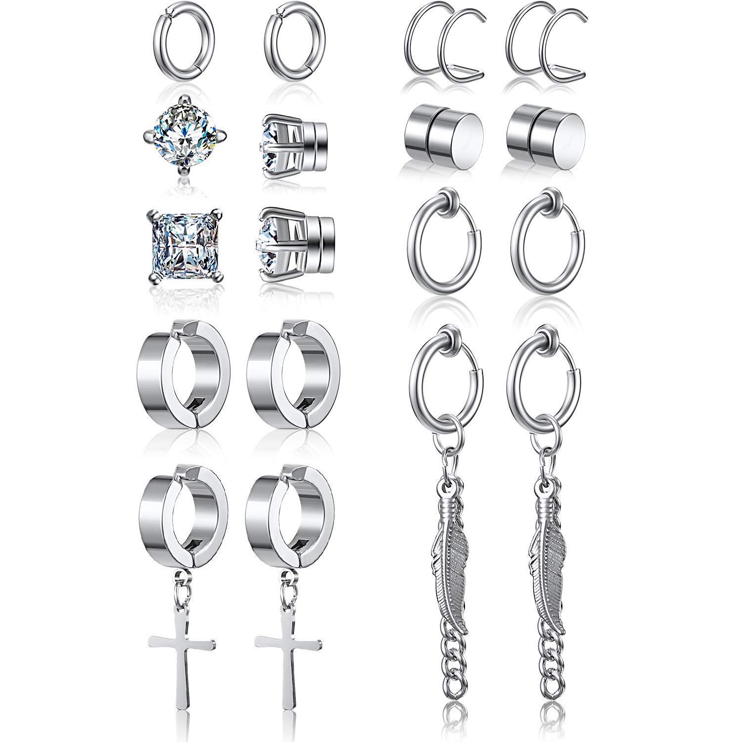 9 Pairs Magnetic Stud Earrings for Women - Non Pierced Silver Stainless Steel Feather Dangle Earrings with CZ Stones | Hinged Cross Hoop Earrings Set | Perfect for Parties, Weddings & Everyday Wear