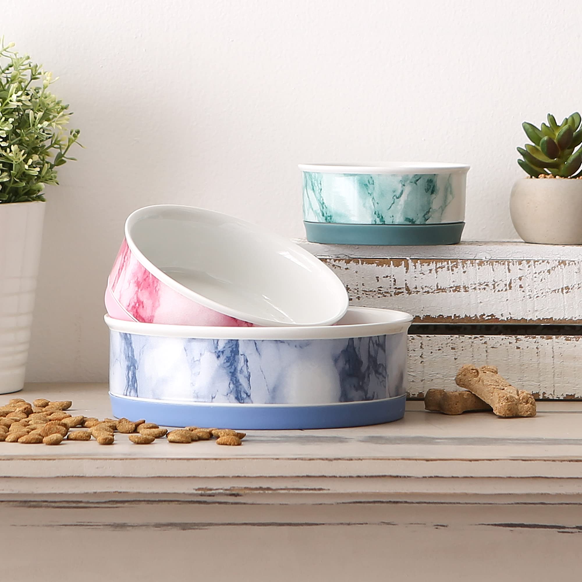 Non-Slip Ceramic Pet Bowls for Dogs & Cats - Bone Dry Marble Design, Microwave & Dishwasher Safe, Small Set (4.25x2 Inches, Teal, 2 Count) - Perfect for Food & Water Dishes at Home or Travel