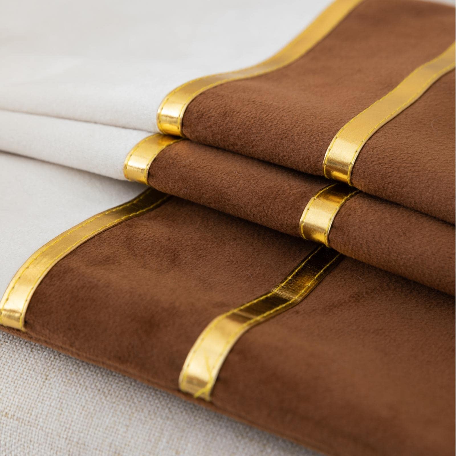 ZLINA Set of 2 Velvet Decorative Throw Pillow Covers - Brown & White Patchwork with Gold Leather Accents (18×18 Inch) for Sofa, Bed & Car - Luxury Cushion Covers for Living Room, Bedroom & Travel Decor