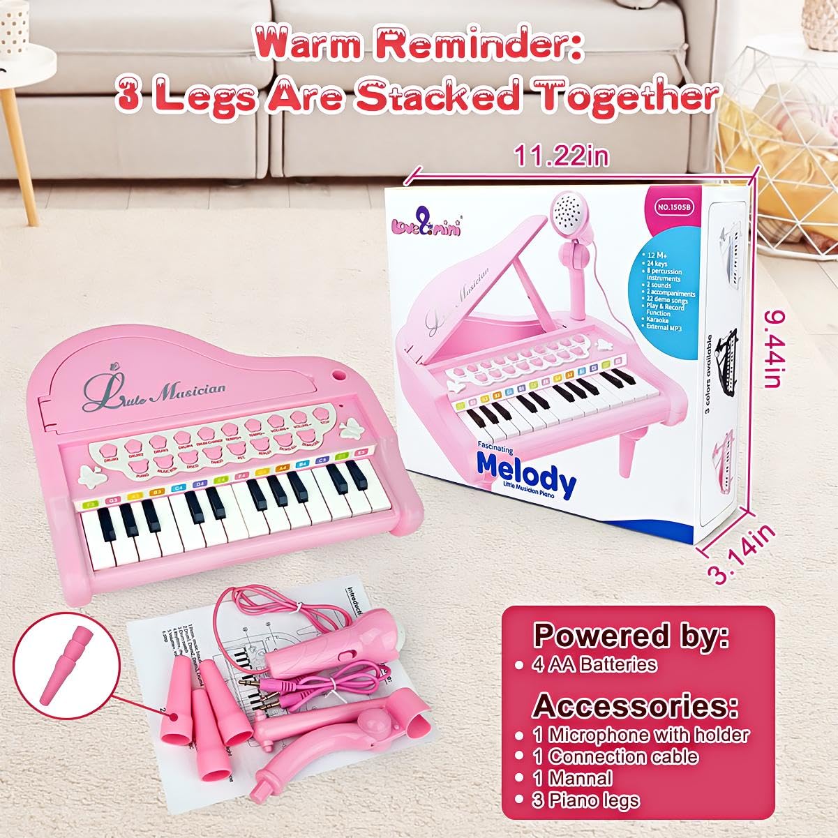 Pink Mini Piano Toy for Toddlers - 24-Key Musical Instrument with Microphone, Perfect First Birthday Gift for 1+ Year Old Girls | Fun Learning & Pretend Play