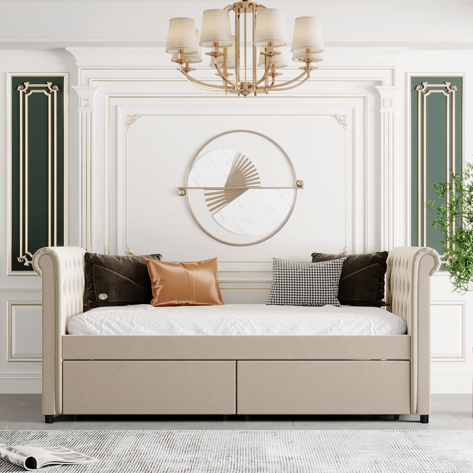 Harper & Bright Designs Twin Size Upholstered Daybed with 2 Storage Drawers - Wood Slat Support Frame, No Box Spring Needed - Easy Assembly Beige Day Bed for Guest Room, Dorm, or Small Space
