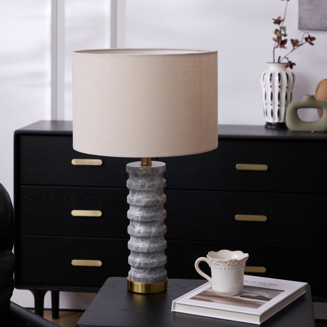 Rivara Modern Stone Table Lamp - Natural Stone Base with Fabric Shade for Bedroom, Living Room, and Office Decor