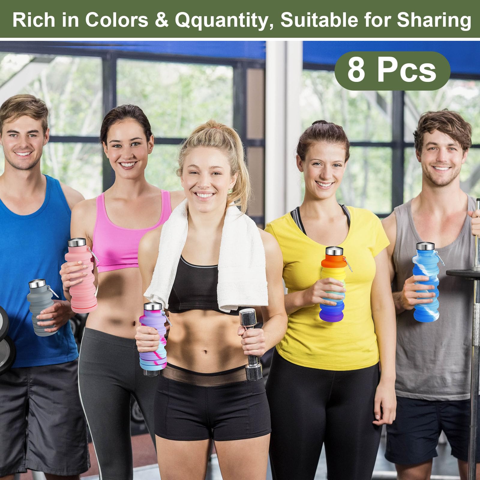 FillTouch 8 Pack Collapsible Water Bottles 17oz (500ml) - BPA Free Silicone Foldable Bottle with Carabiner Clip, Lightweight & Leakproof for Hiking, Camping, Travel and Gym