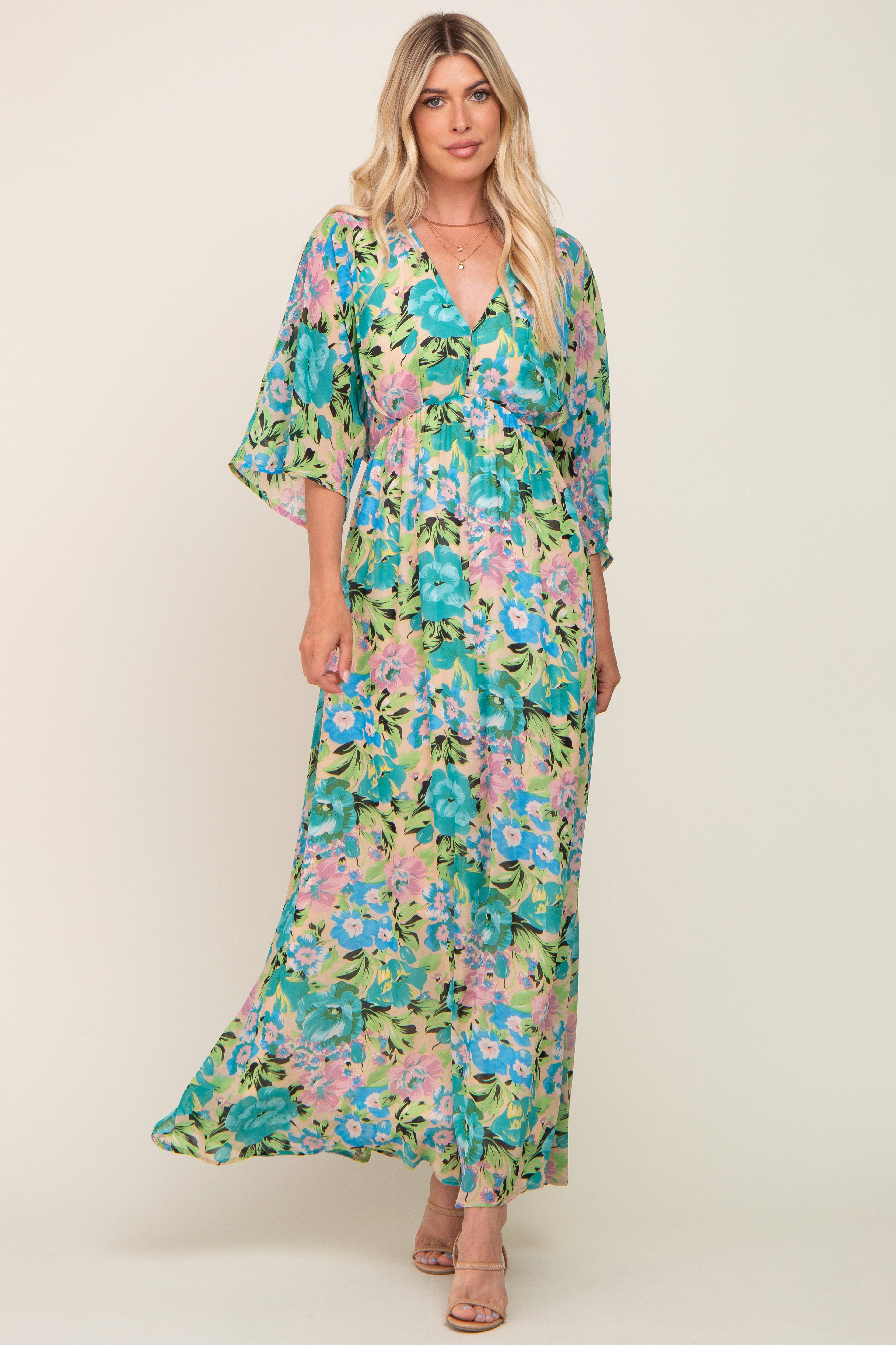 Beige Floral Chiffon Maternity Maxi Dress with Half Sleeves - Elegant Pregnancy Gown for Baby Shower, Wedding & Special Occasions