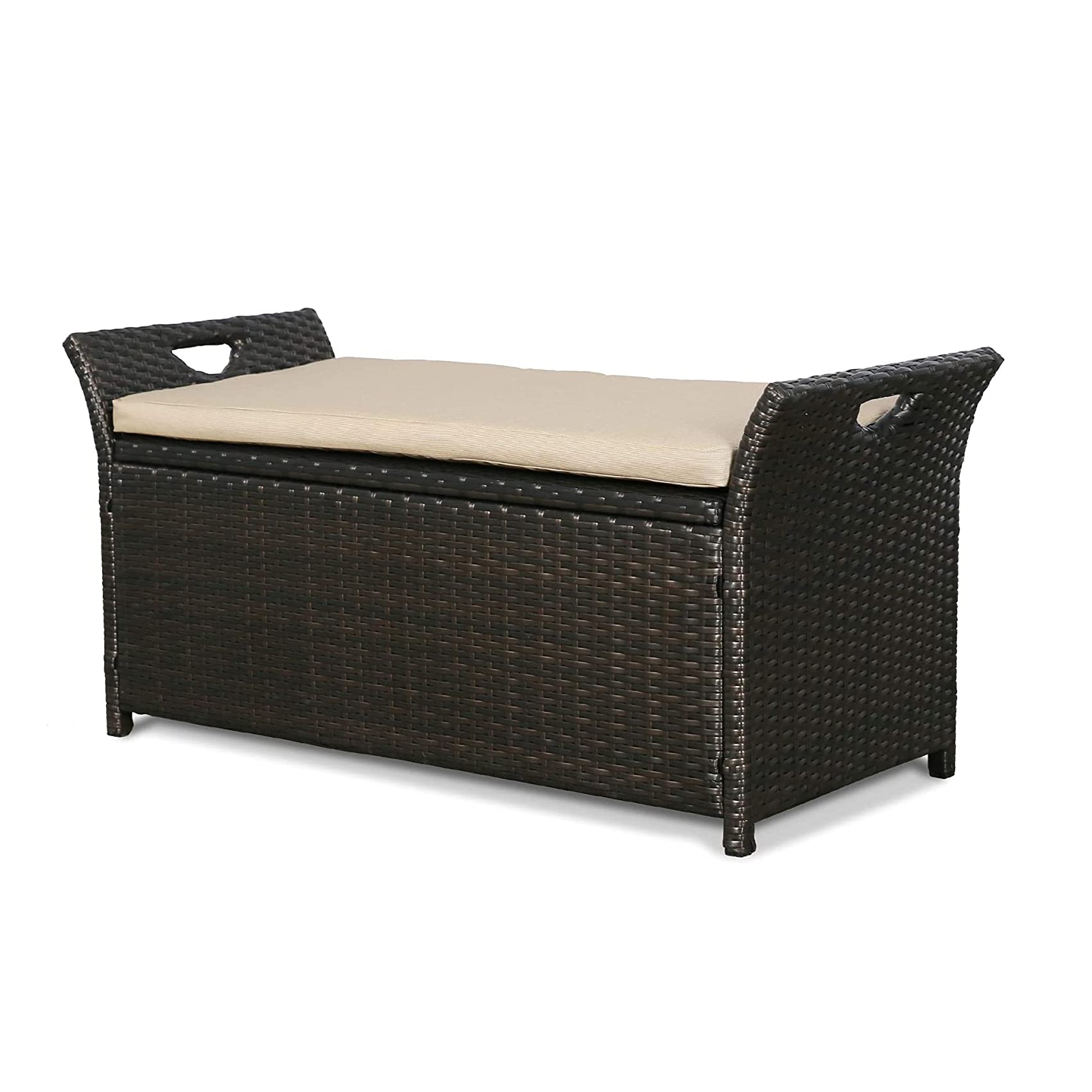ULAX Outdoor Patio Wicker Storage Bench with Cushion - Weather-Resistant Beige Garden Furniture for Backyard, Deck & Poolside Seating & Storage