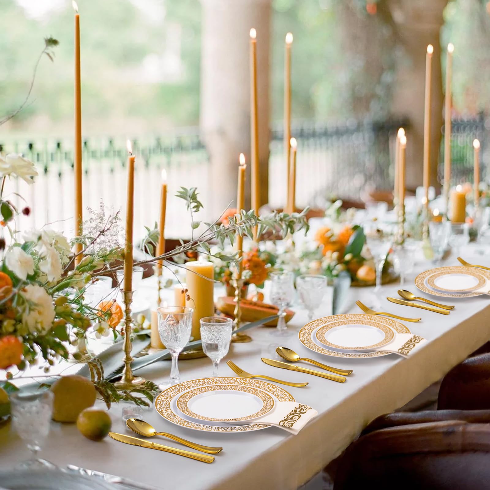 175-Piece Gold Plastic Dinnerware Set for 25 Guests - Disposable Plates, Silverware, Cups & Napkins for Wedding, Party & Dinner Events - Elegant Tableware for Special Occasions