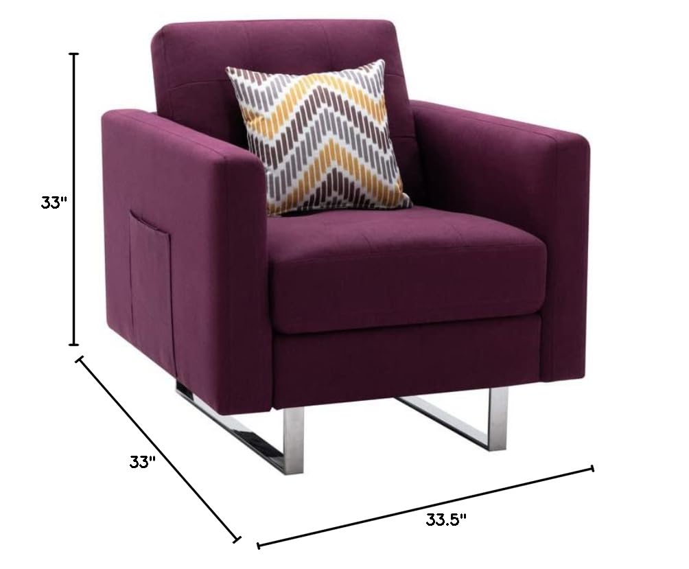 Lilola Home Victoria Purple Linen Fabric Armchair with Metal Legs, Side Pockets & Pillow - Modern Living Room Accent Chair for Home Office, Lounge & Bedroom Decor