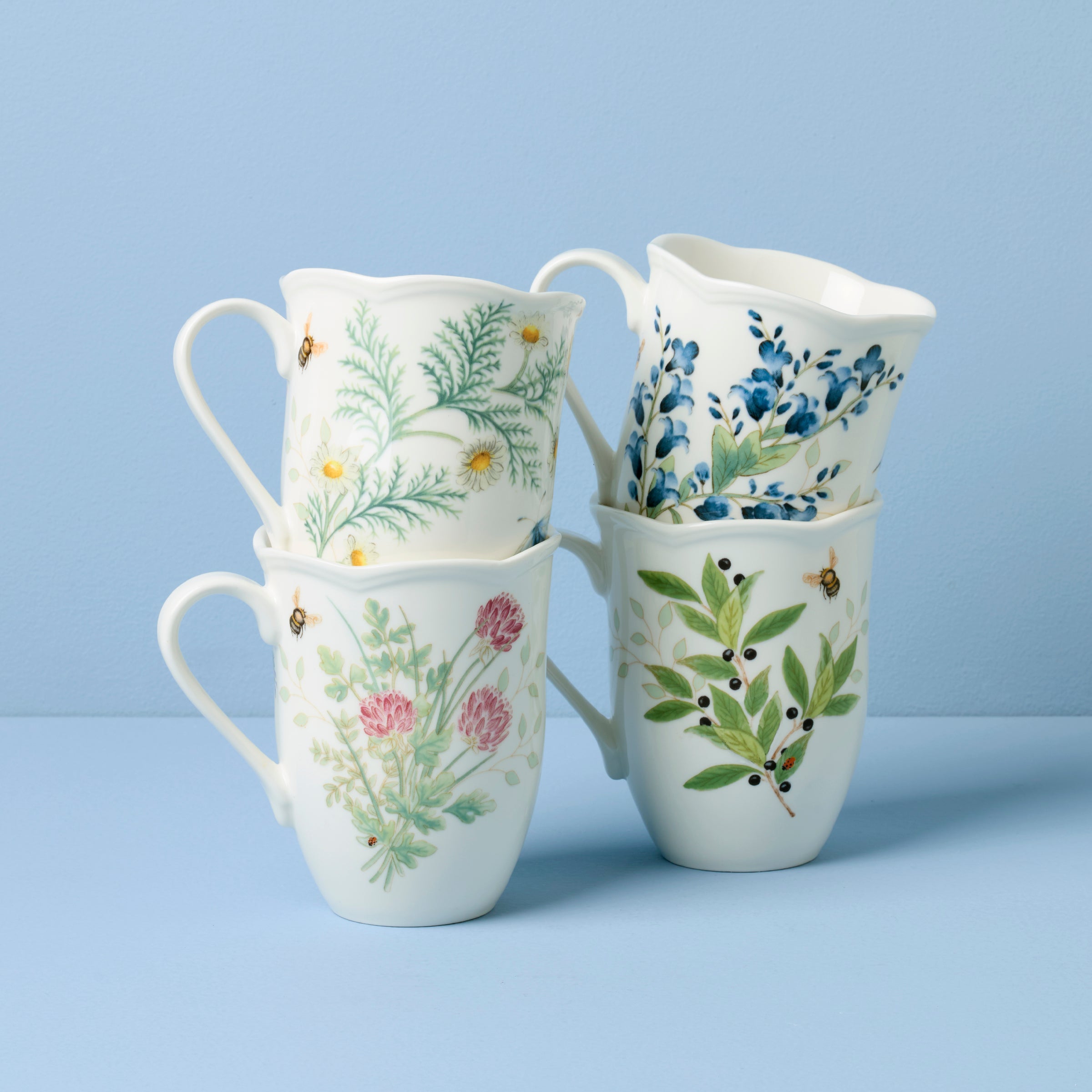 Butterfly Meadow Herbs Coffee Mugs Set of 4 - Ceramic Tea Cups for Home, Office & Gifts | Floral Design for Herbal Tea & Hot Beverages