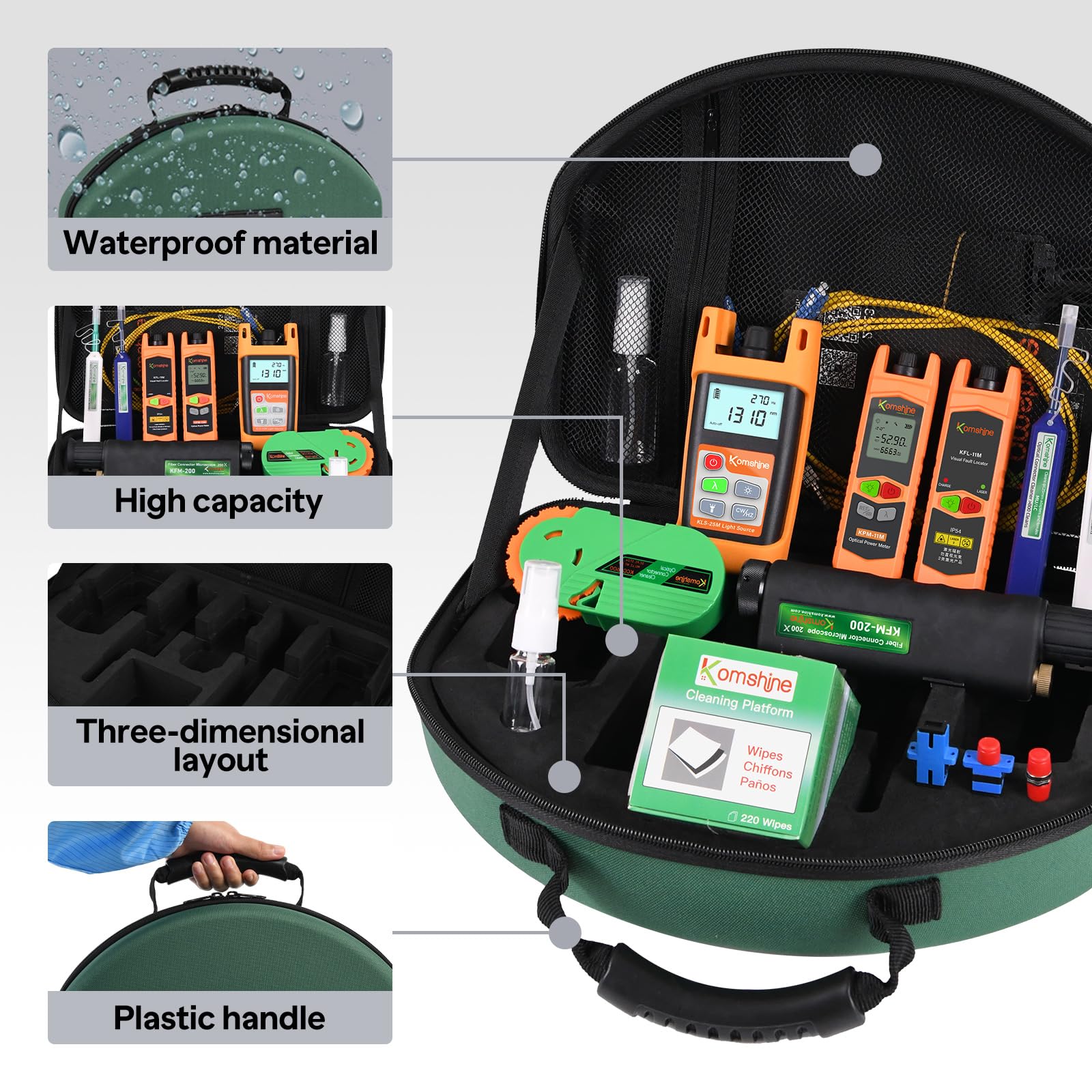 Komshine KLT-15D Fiber Optic FTTH Testing Kit - 200X Microscope, OPM Power Meter, SM Light Source, VFL & Cleaner for SC/FC/ST/LC Connectors - Perfect for Network Installation & Maintenance