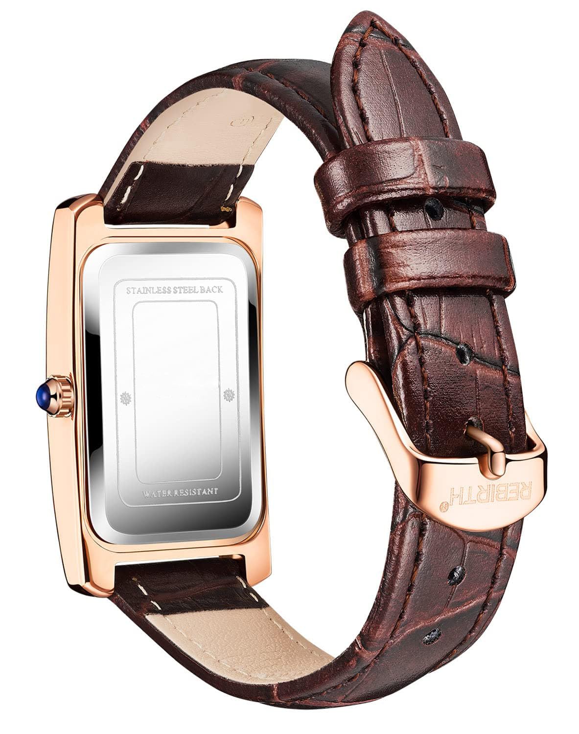 Carlien Women's Stylish Rectangle Dress Watch - Quartz Movement, Leather Strap & Blue Crystal Crown - Elegant Ladies Wristwatch for Office, Party & Formal Occasions