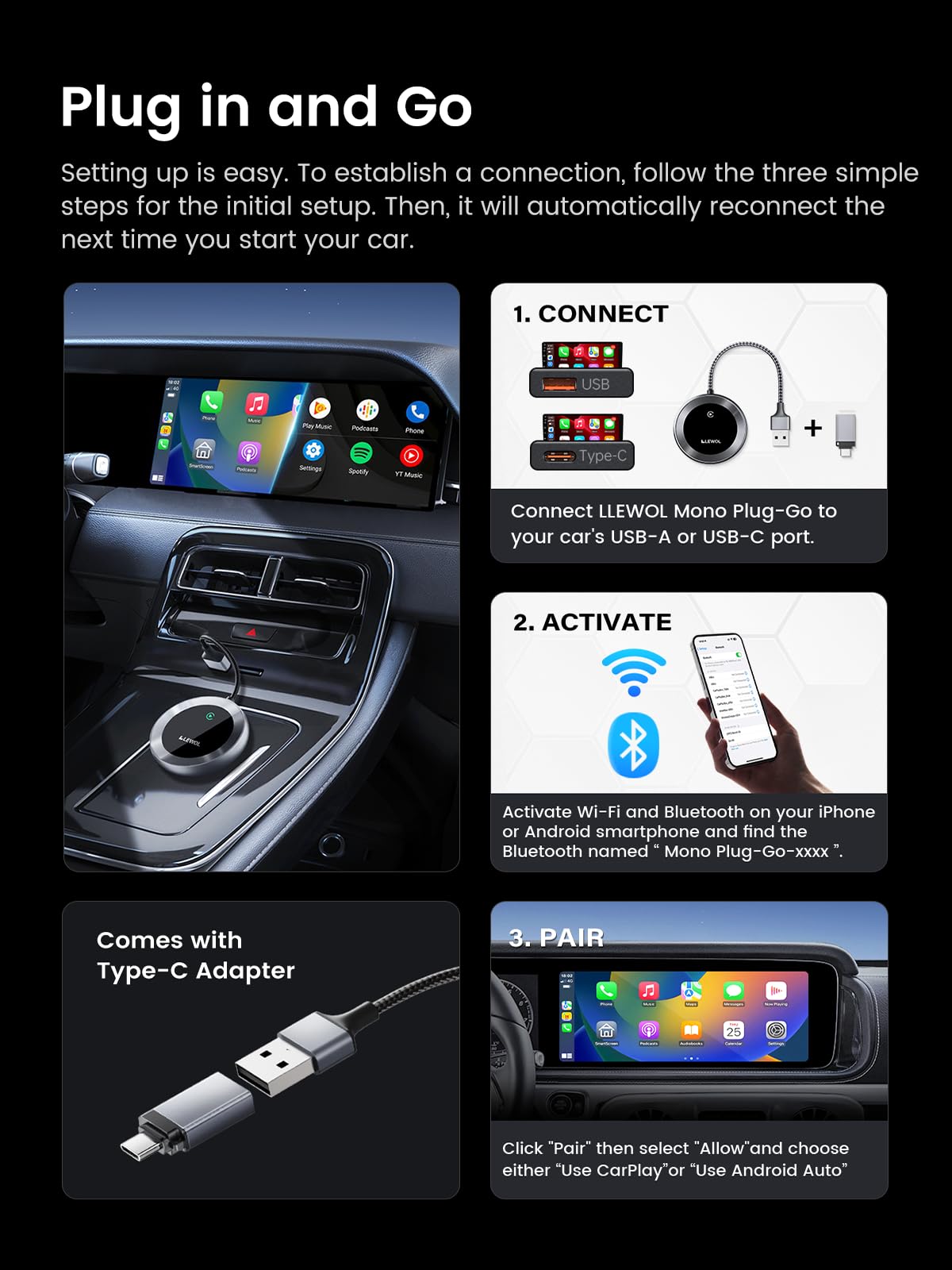 Wireless CarPlay Adapter 2024 - Fast Connection Plug-Go Dongle for Factory Wired to Wireless CarPlay & Android Auto - Compatible with Cars from 2015, iPhone 6/iOS 10+, Android 11+ - Perfect for Hands-Free Driving & Seamless Music Streaming