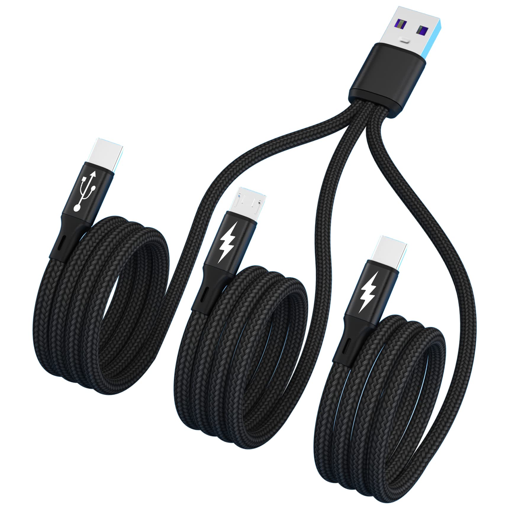 GELRHONR 5A Fast Charging USB C Splitter - 3-in-1 USB A to Dual Type-C + Micro USB Cable (3.9FT/1.2M) Nylon Braided Charger for iPhone, Samsung, Android Phones - Perfect for Home, Office & Travel Charging Needs