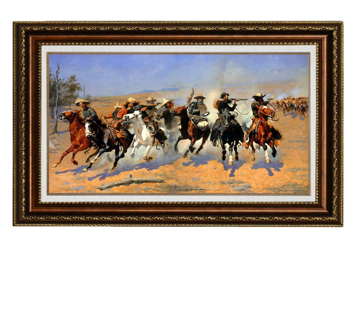 ELITEART Frederic Remington 'A Dash for the Timber' 1890 Oil Painting Reproduction - Giclee Wall Art Canvas Print Framed 36x26 Inches - Western Art Decor for Living Room, Office & Cowboy Theme Spaces