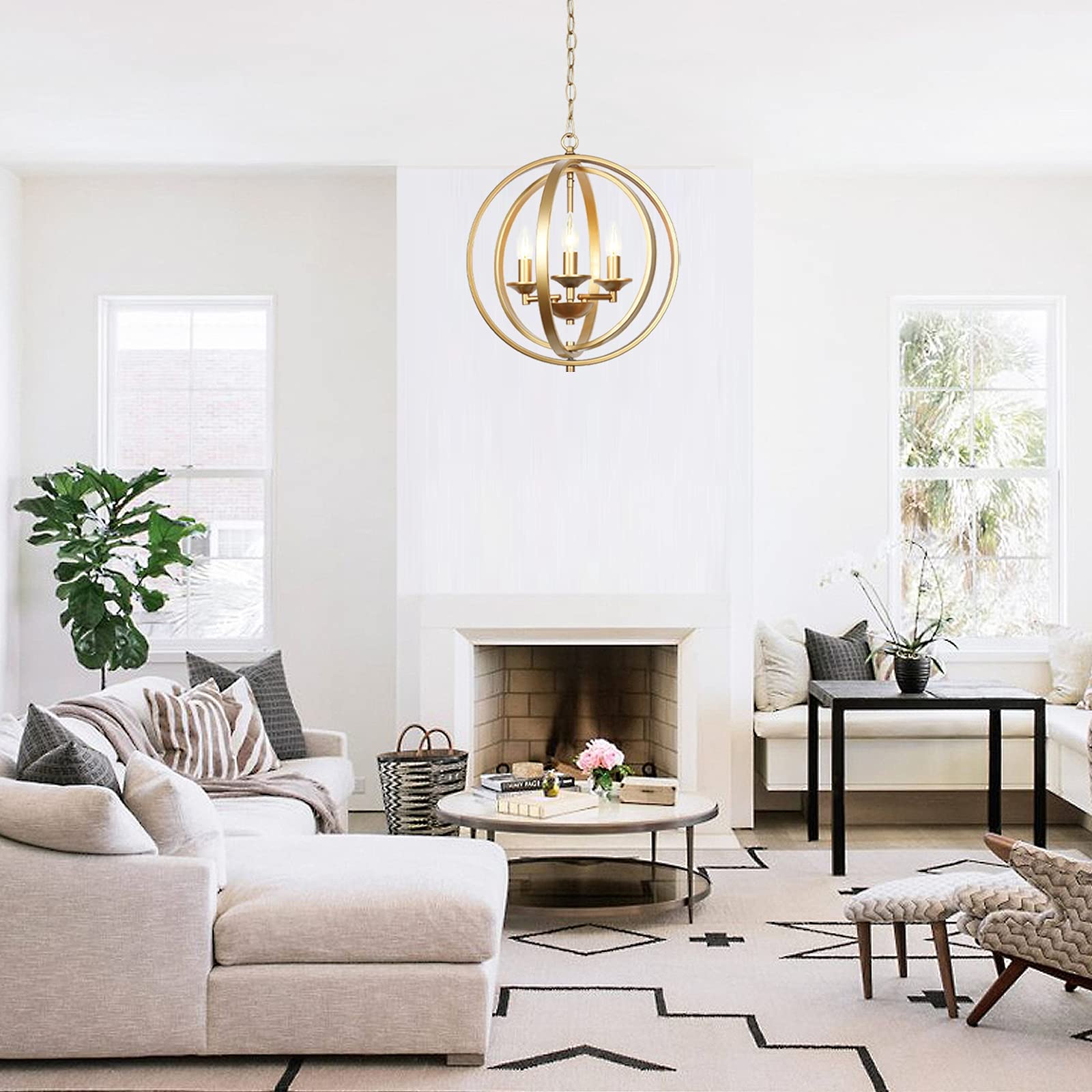 T&A Gold Orb 3-Light Chandelier - Modern Adjustable Globe Pendant Light Fixture with Orbit Rings for Dining Room, Bedroom, Foyer & Living Room | Elegant Ceiling Lighting for Home Decor & Interior Design