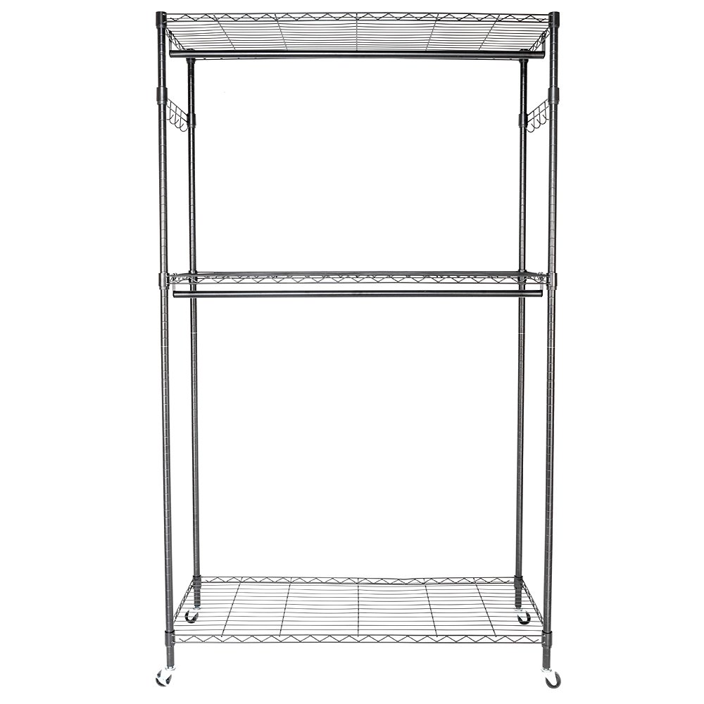 Heavy Duty Rolling Garment Rack with Adjustable Hanging Rod & Lockable Wheels - 2-Shelf Closet Organizer (47x18x79 Inches, Black) - Perfect for Retail Stores, Home Closet Organization & Laundry Room Storage