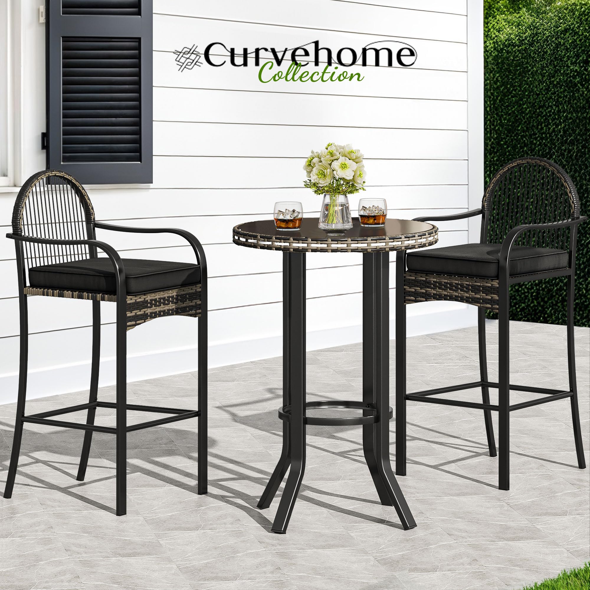 YITAHOME 3-Piece Outdoor Wicker Bar Height Set with Cushioned Barstools - Black Patio Bistro Furniture for Balcony, Poolside, Garden & Backyard - Perfect for Entertaining, Relaxing & Outdoor Dining