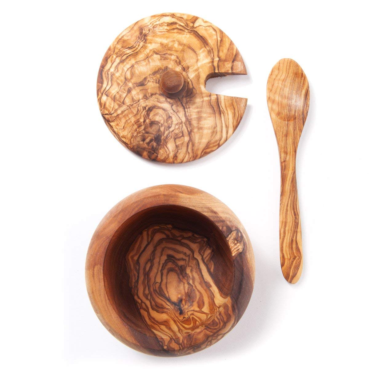 Premium Olive Wood Sugar Bowl with Lid & Spoon – Handcrafted Grated Cheese & Crushed Pepper Server – Rustic Kitchenware for Coffee, Tea & Dining Table Decor