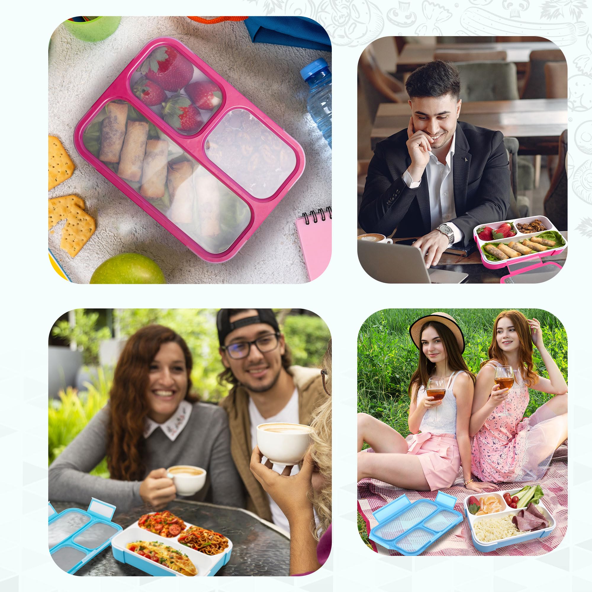 2-Pack Leak Proof Bento Lunch Box with Spoon - 3 Compartment Meal Prep Container for Adults, Portion Control Snack Box for Salad, Fruits & Office Lunch - Ideal for Work, School & Picnics - Pink