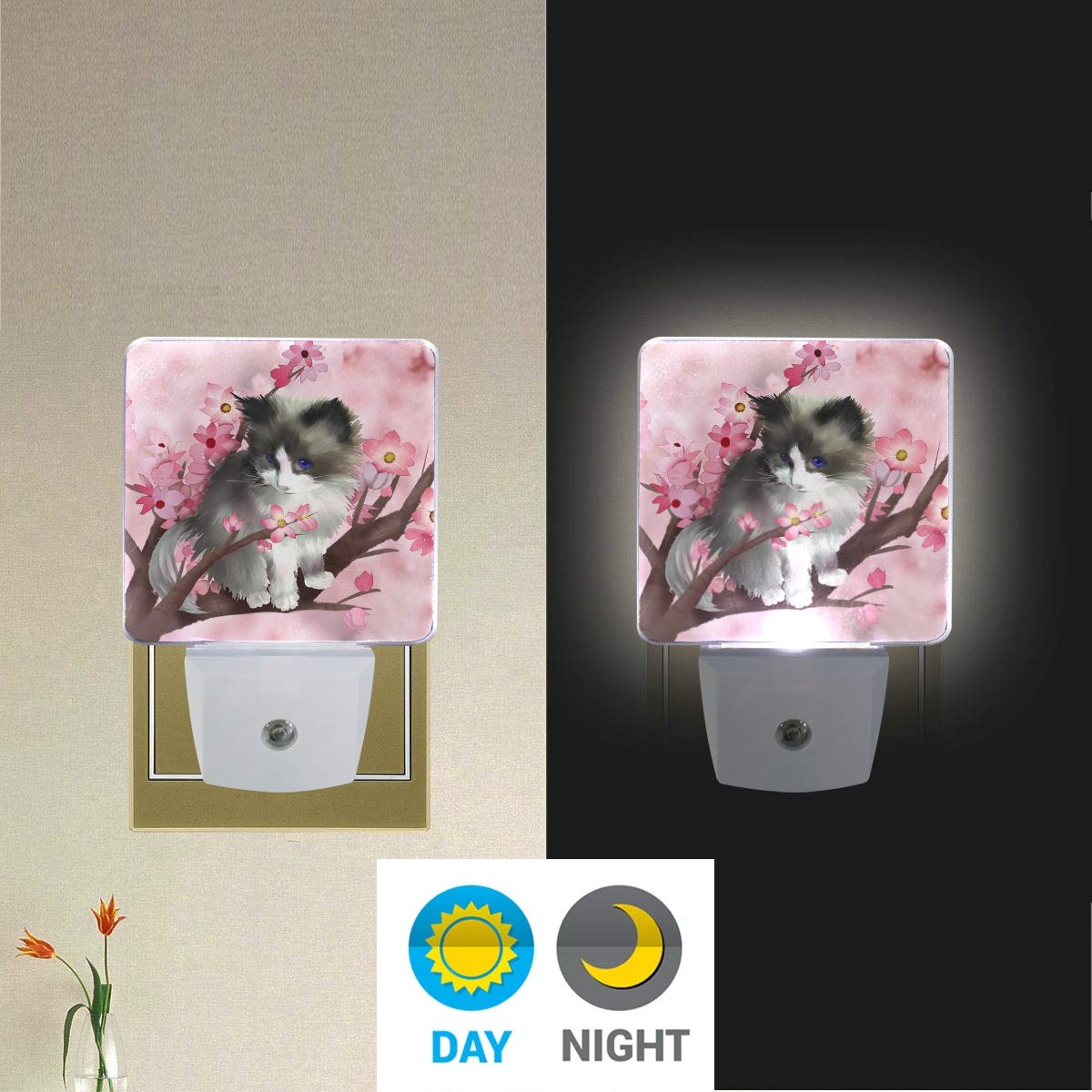Vikko Spring Cute Cat Night Light Plug in 2 Pack - LED Dusk to Dawn Sensor Nightlight for Kids & Adults - Perfect for Bedroom, Living Room, Hallway - Home Decor Night Lamp with Auto On/Off - Ideal for Nursery, Bathroom, Stairs Safety Lighting